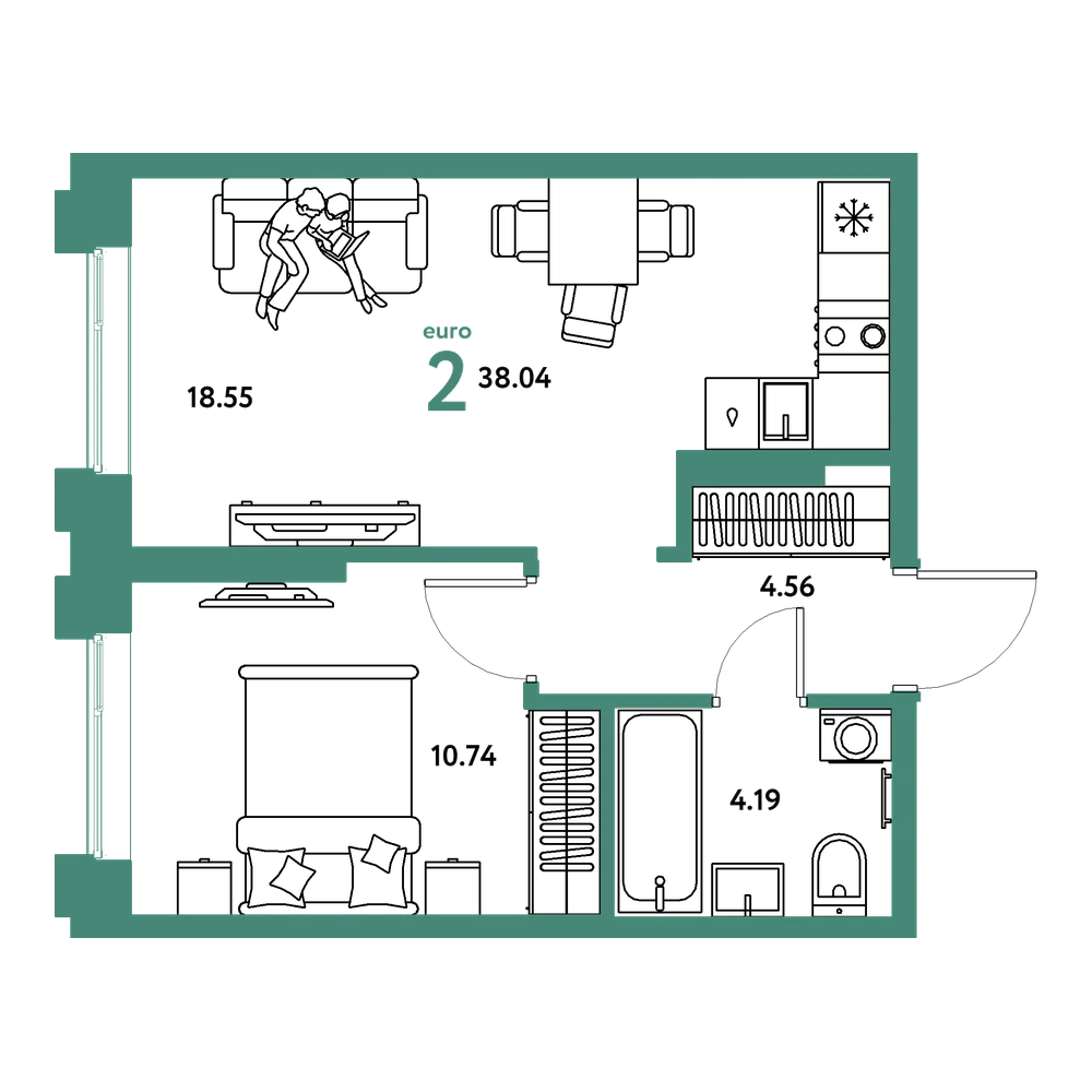 Планировка: Евродвушка 38,04 м²