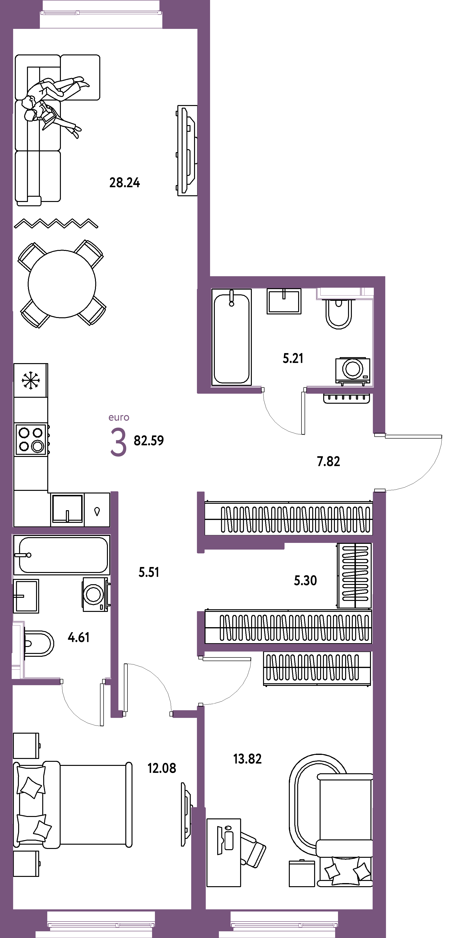 Планировка: Евротрёшка 82,61 м² в ЖК «Остров-сад»