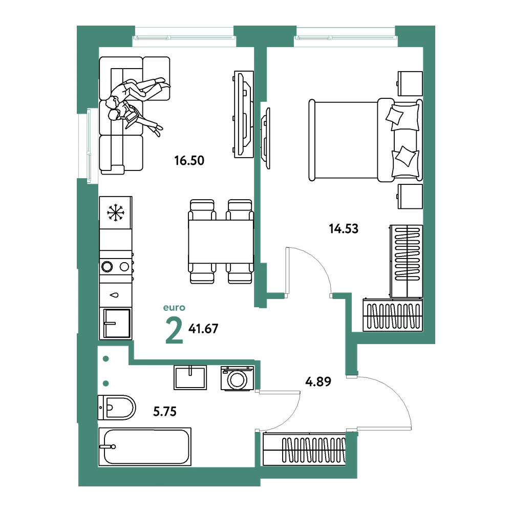 Планировка: Евродвушка 41,67 м²