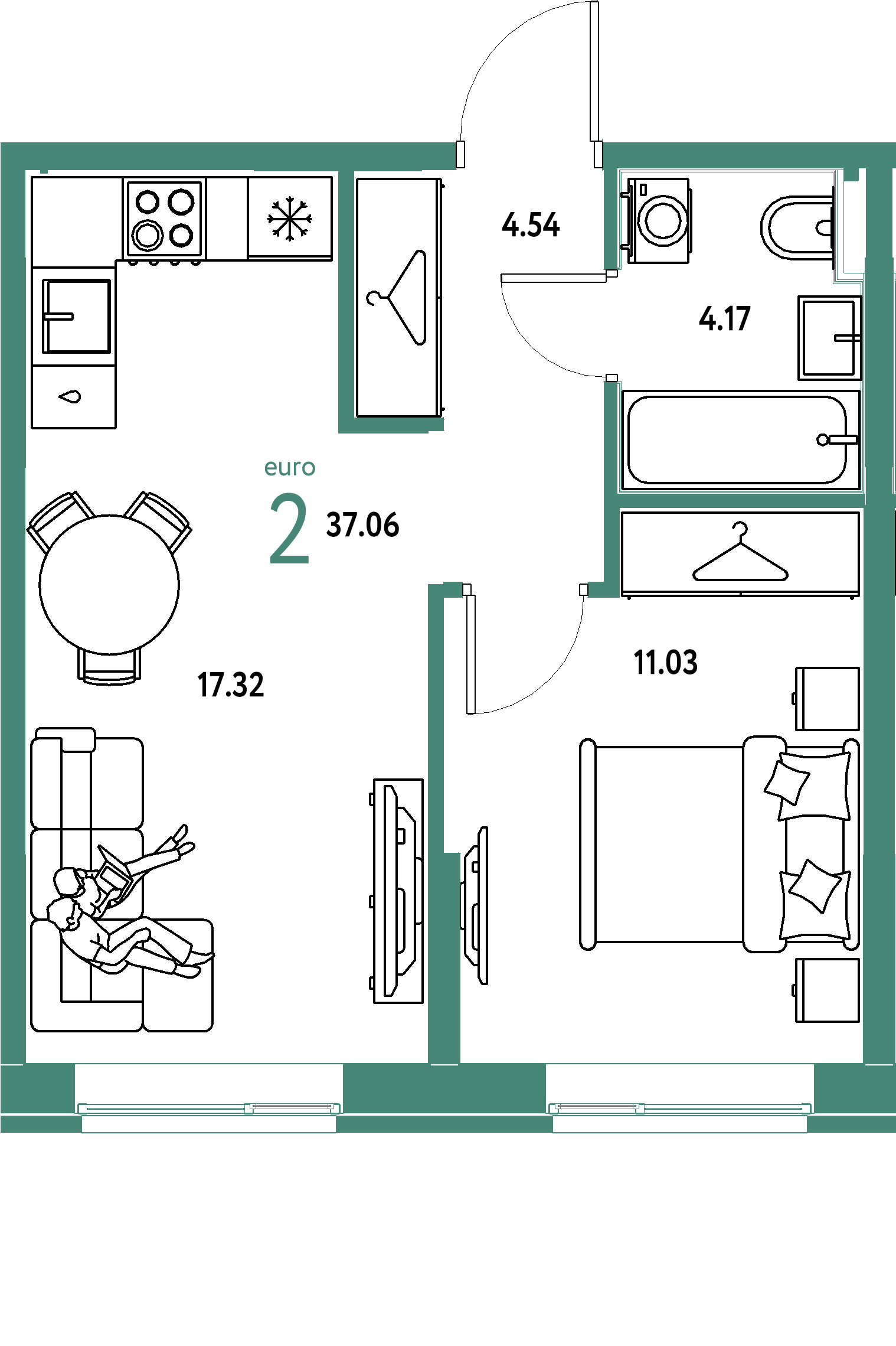 Планировка: Евродвушка 37,06 м² в ЖК «Европейский берег 2.0»