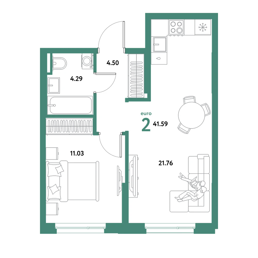 Планировка: Евродвушка 41,59 м²