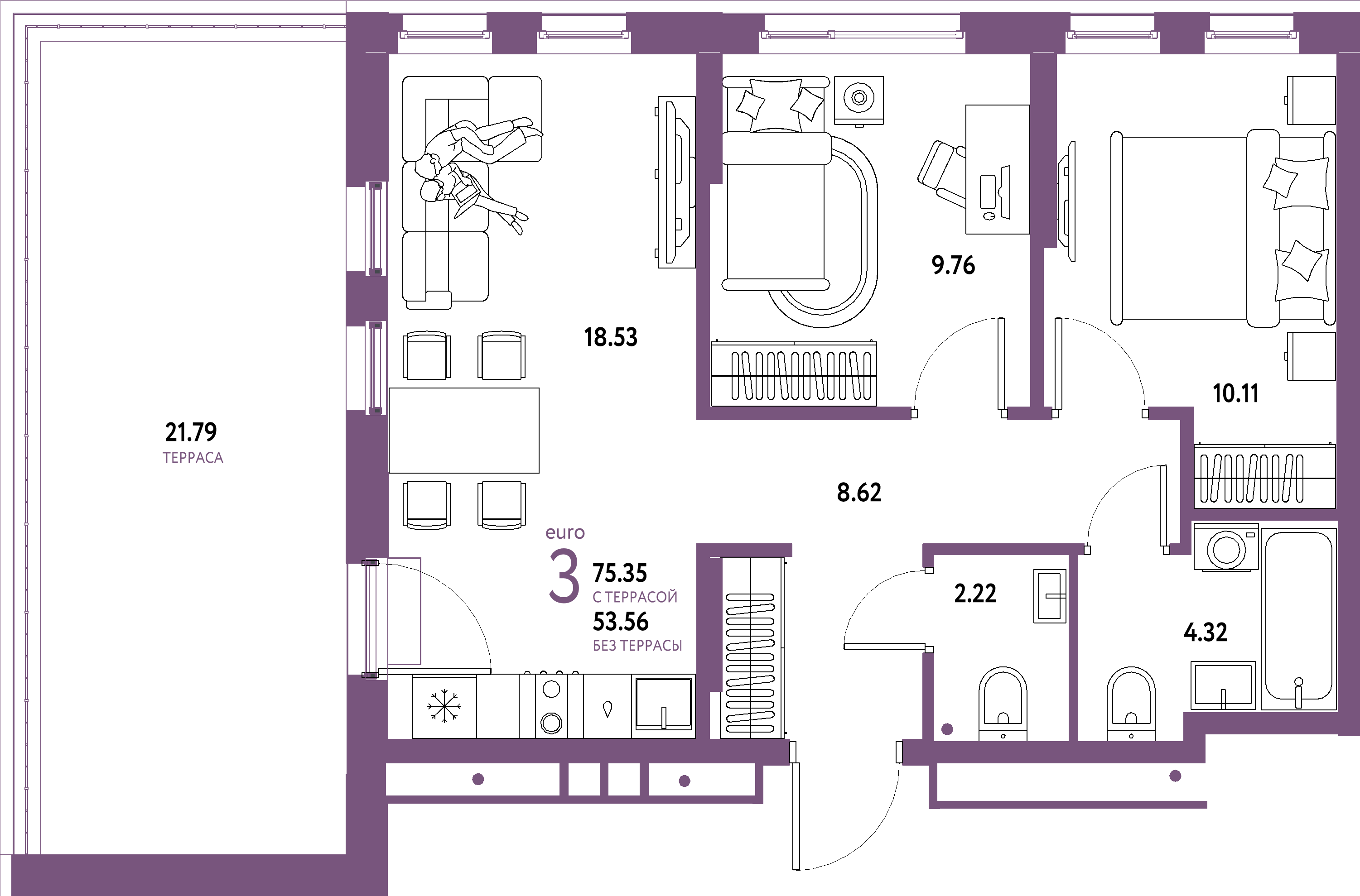 Планировка: Евротрёшка 75,35 м² в ЖК «Домашний»