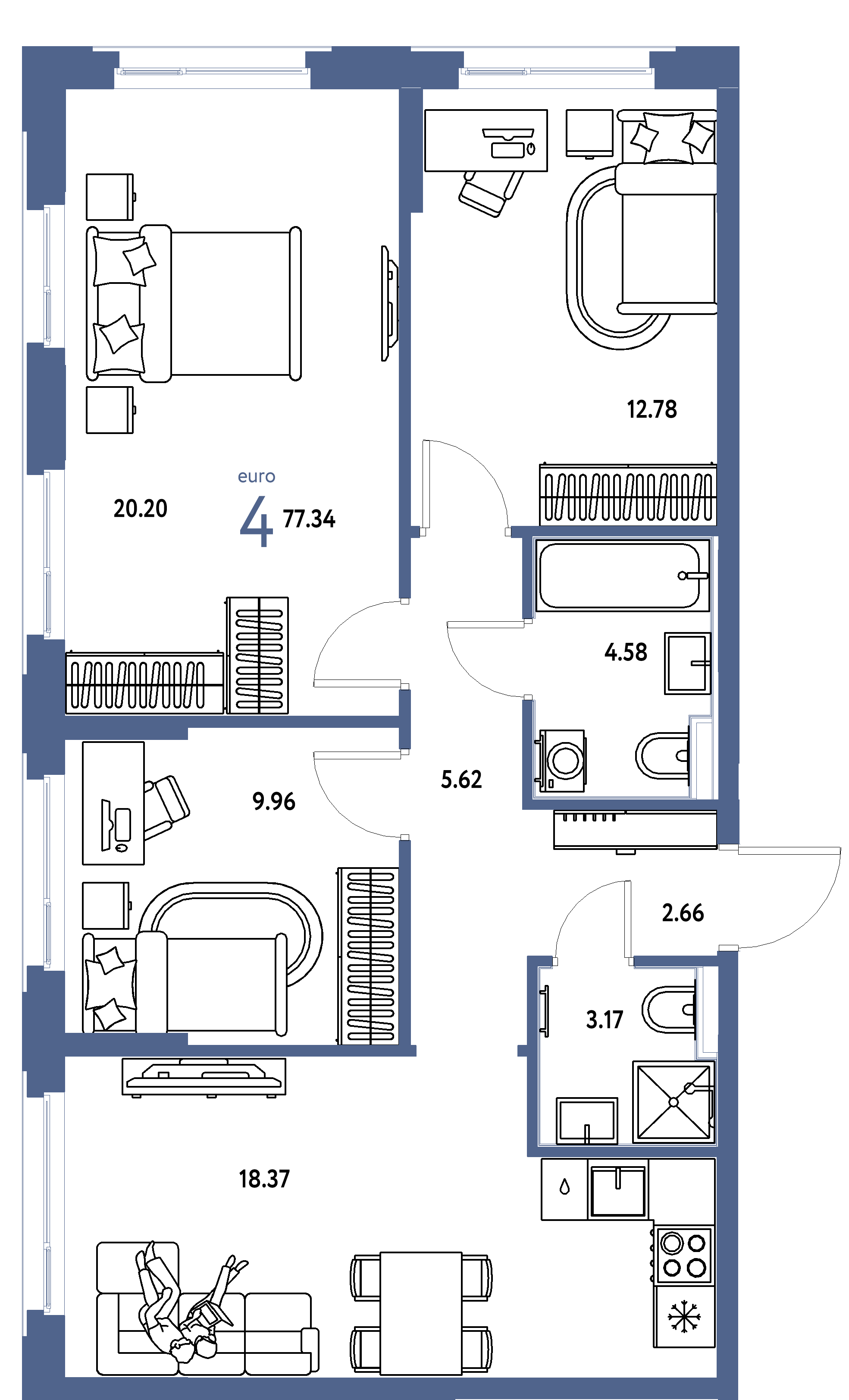 Планировка: Евро-4 77,34 м² в ЖК «Сердце Сибири»