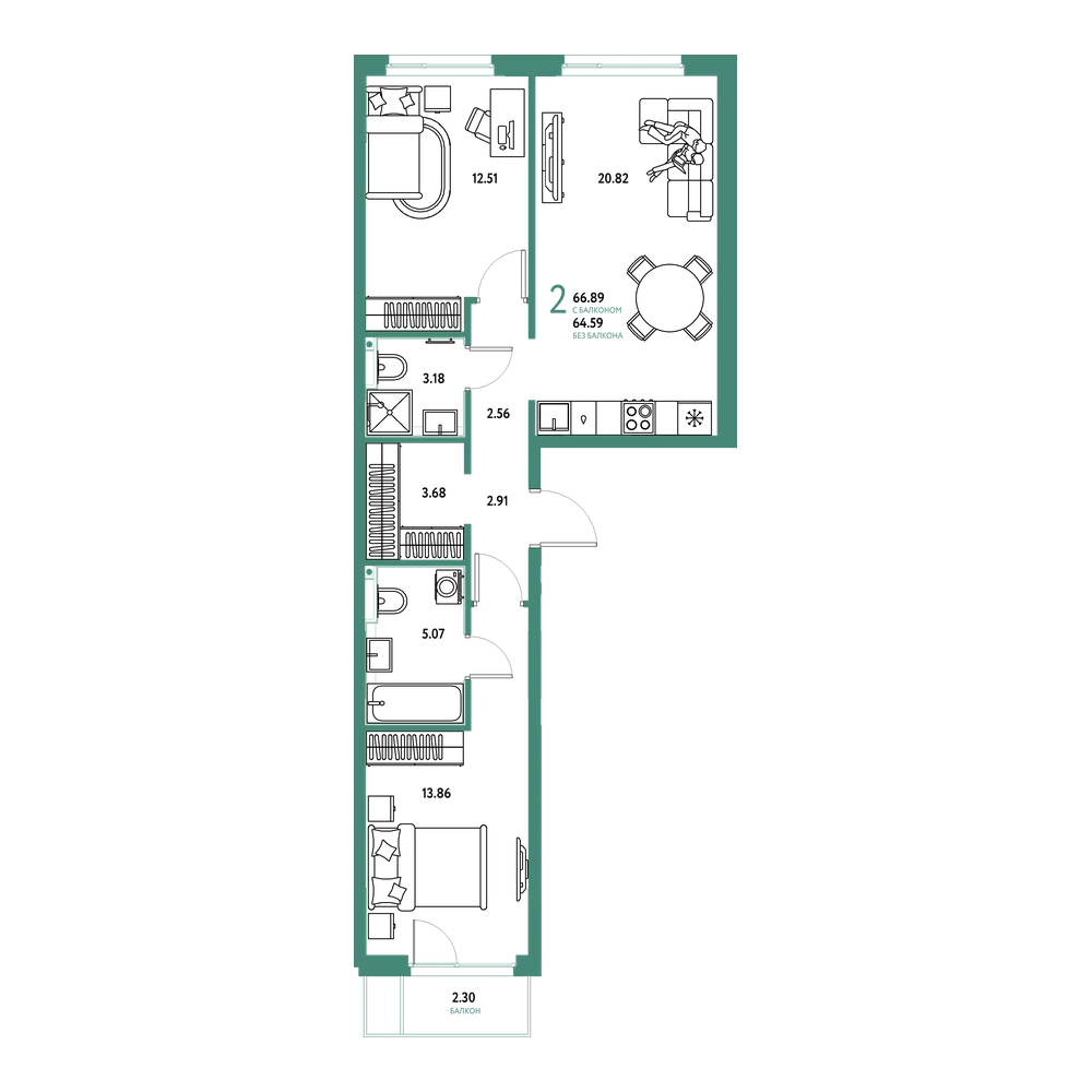Планировка: 2-комнатная 66,89 м²
