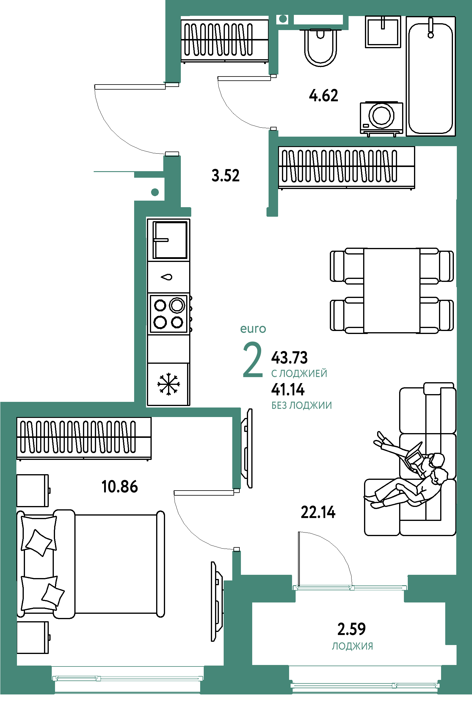 Планировка: Евродвушка 43,73 м² в ЖК «Страна.Прибрежная»