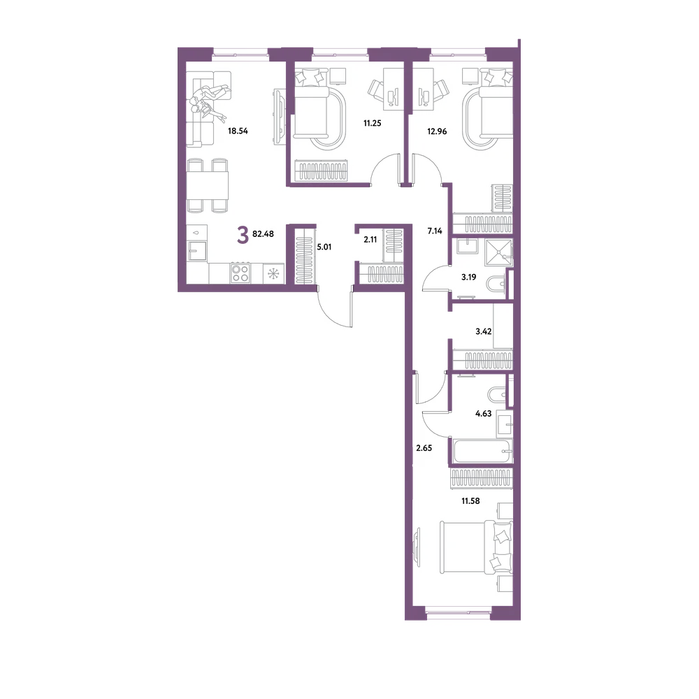 Планировка: 3-комнатная 82,48 м²