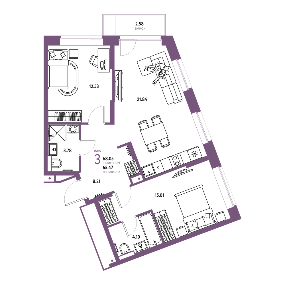 Планировка: Евротрёшка 68,05 м²
