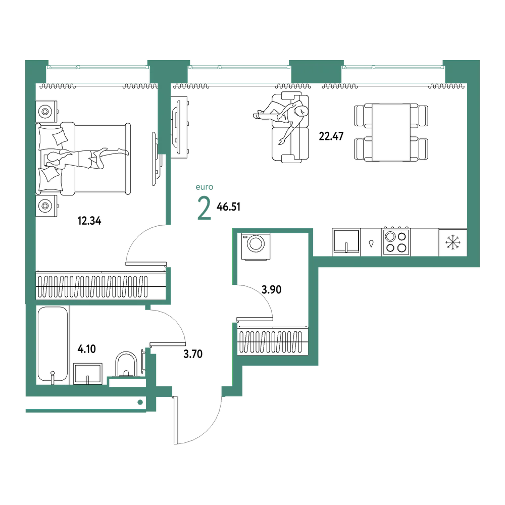 Планировка: Евродвушка 46,51 м²