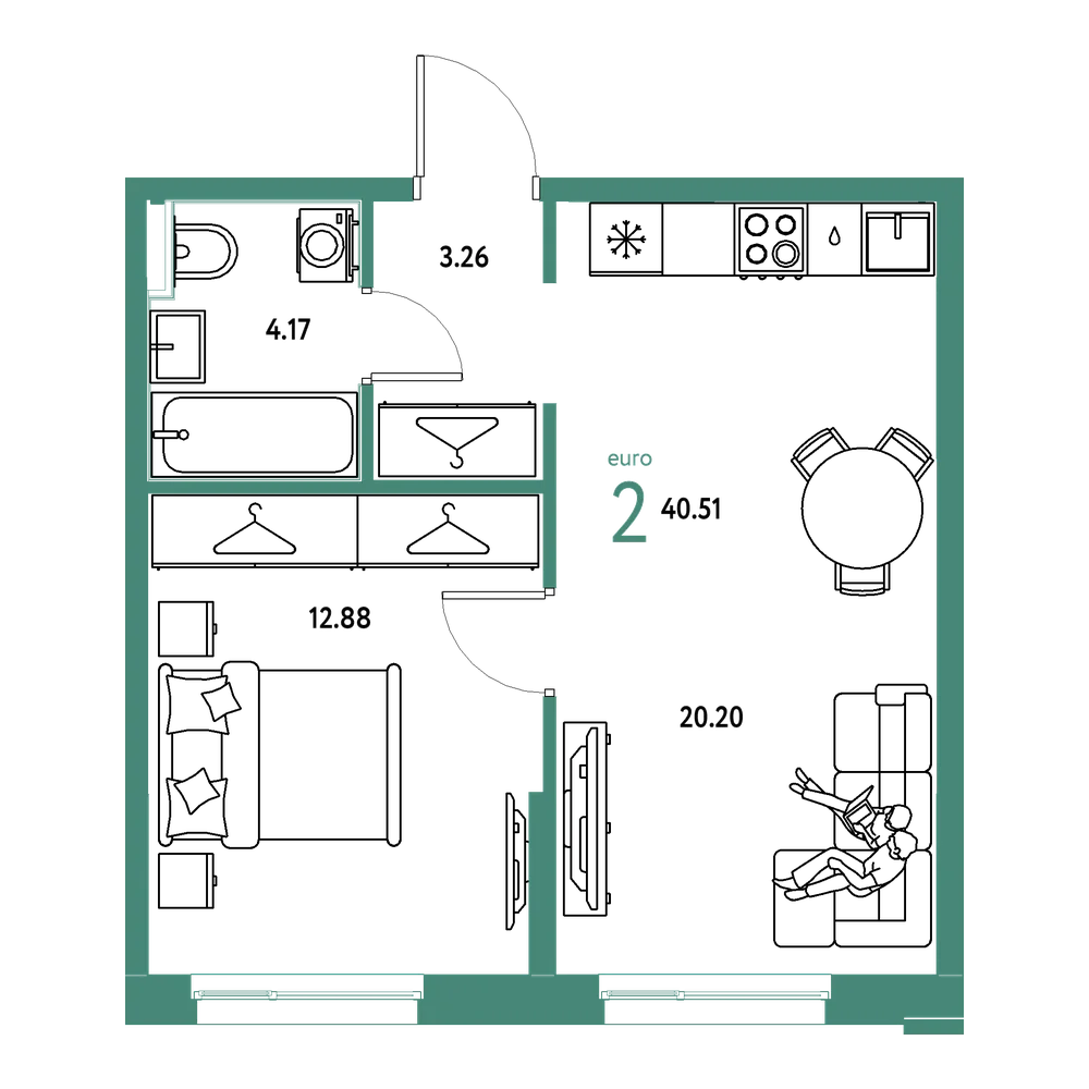 Планировка: Евродвушка 40,51 м²