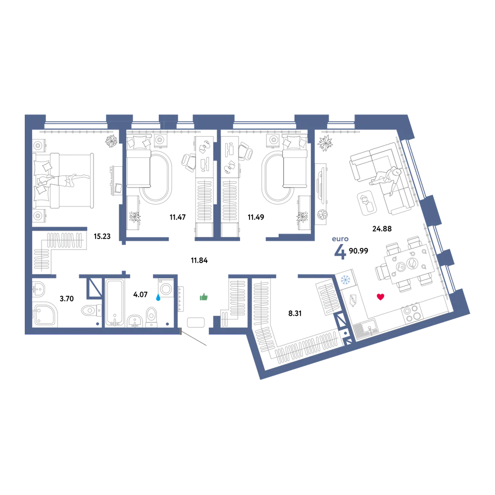 Планировка: Евро-4 90,99 м²