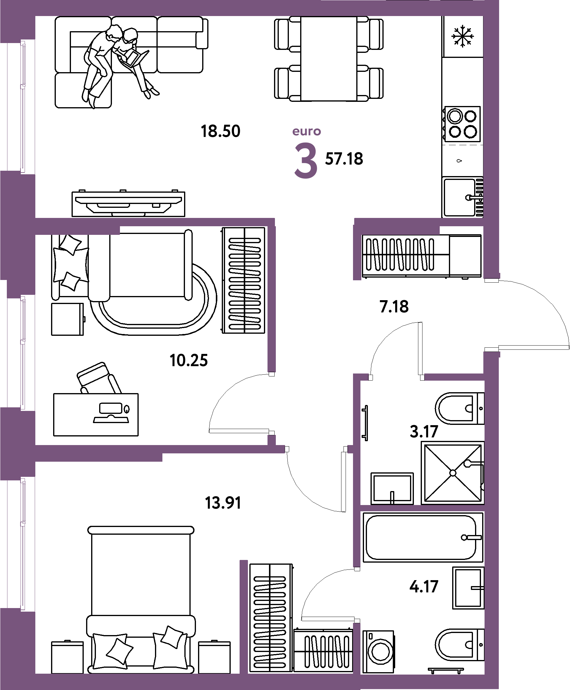Планировка: Евротрёшка 57,18 м² в ЖК «Европейский берег 2.0»