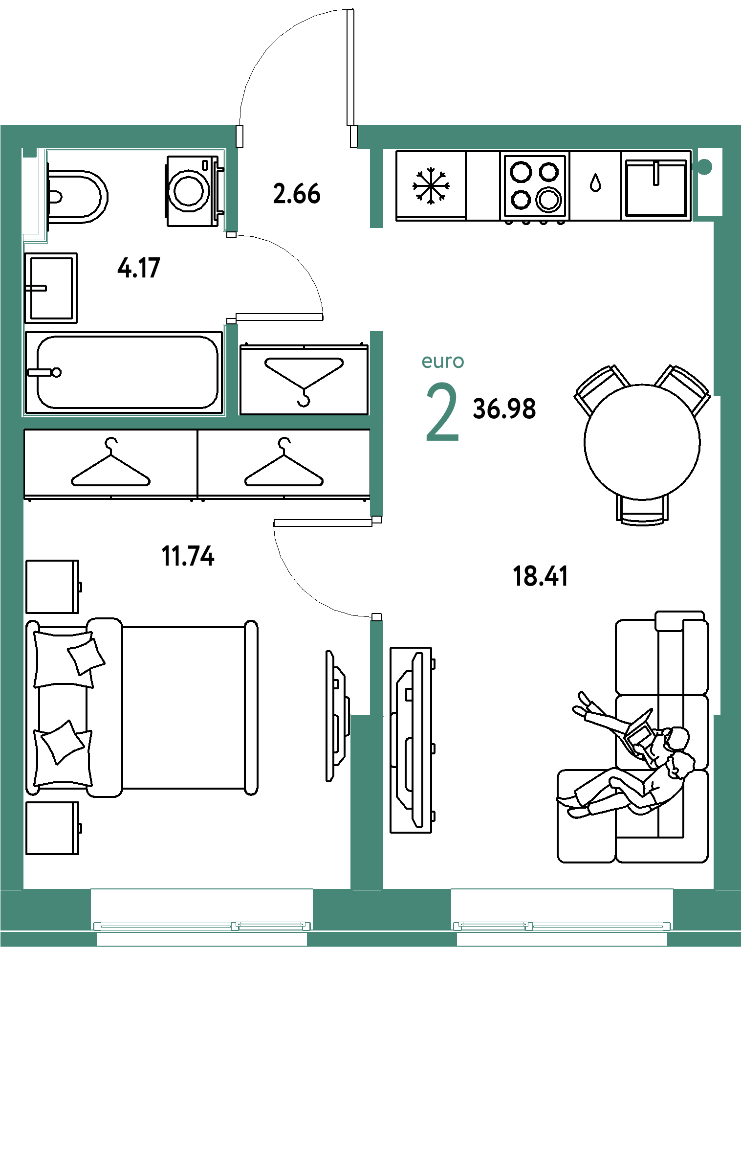 Планировка: Евродвушка 36,98 м² в ЖК «Европейский берег 2.0»