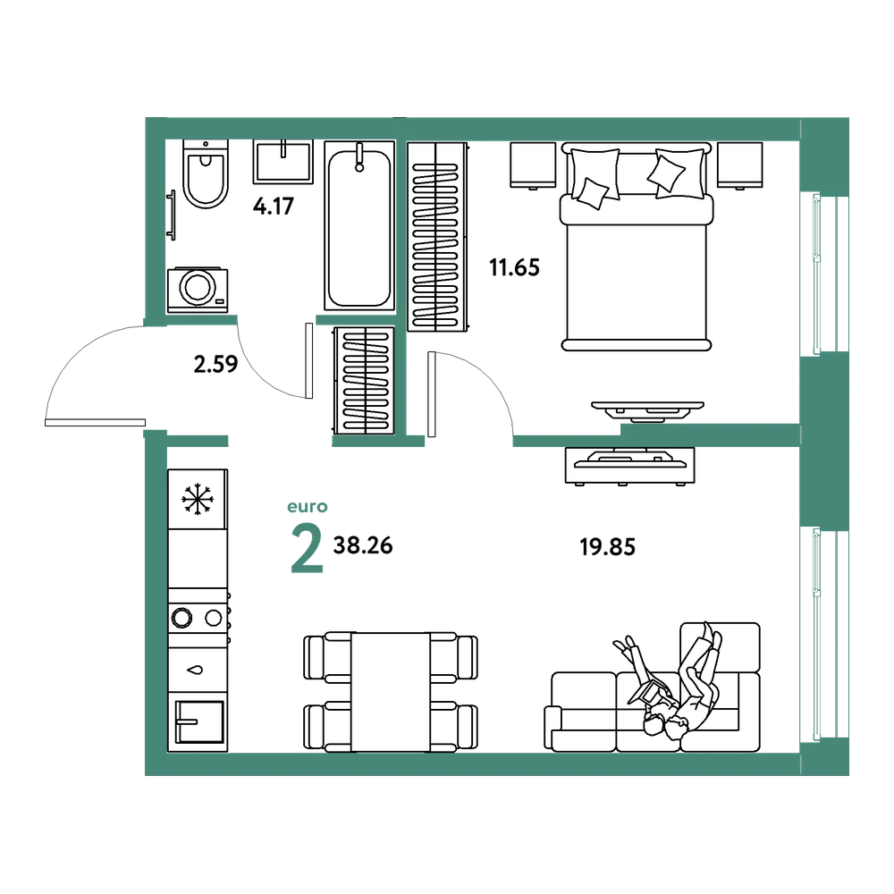 Планировка: Евродвушка 38,26 м²