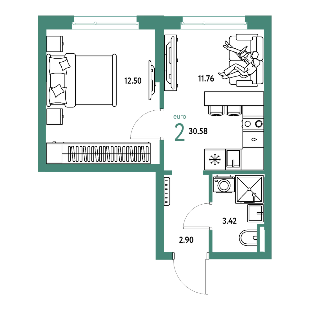 Планировка: Евродвушка 30,58 м²