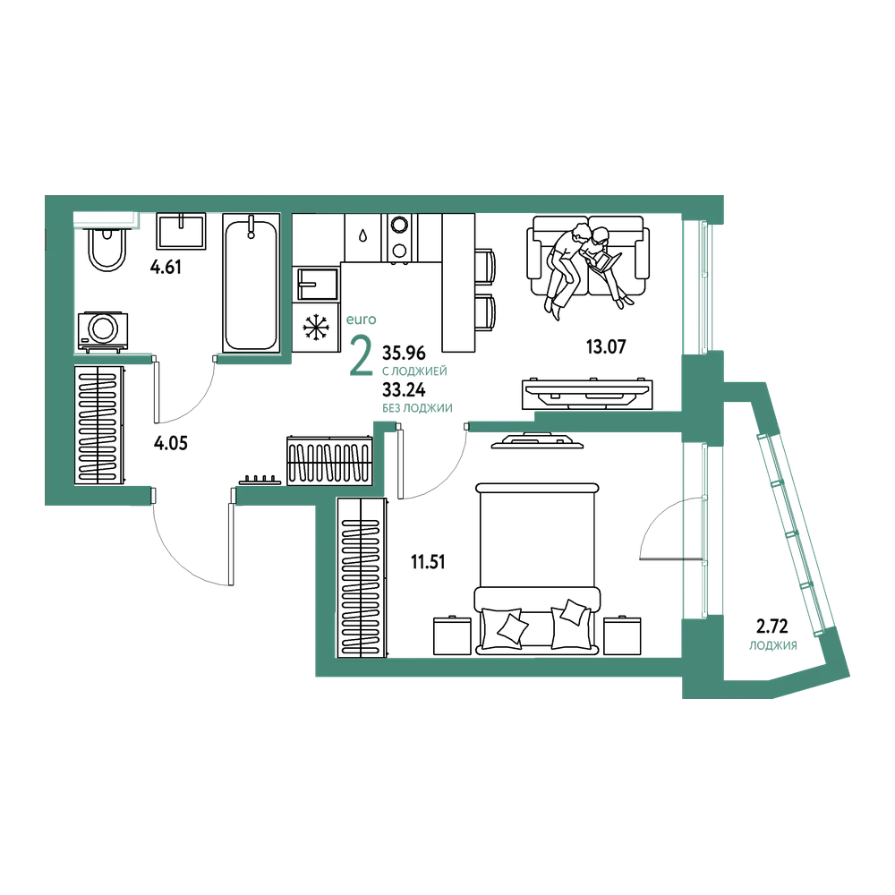 Планировка: Евродвушка 35,93 м²