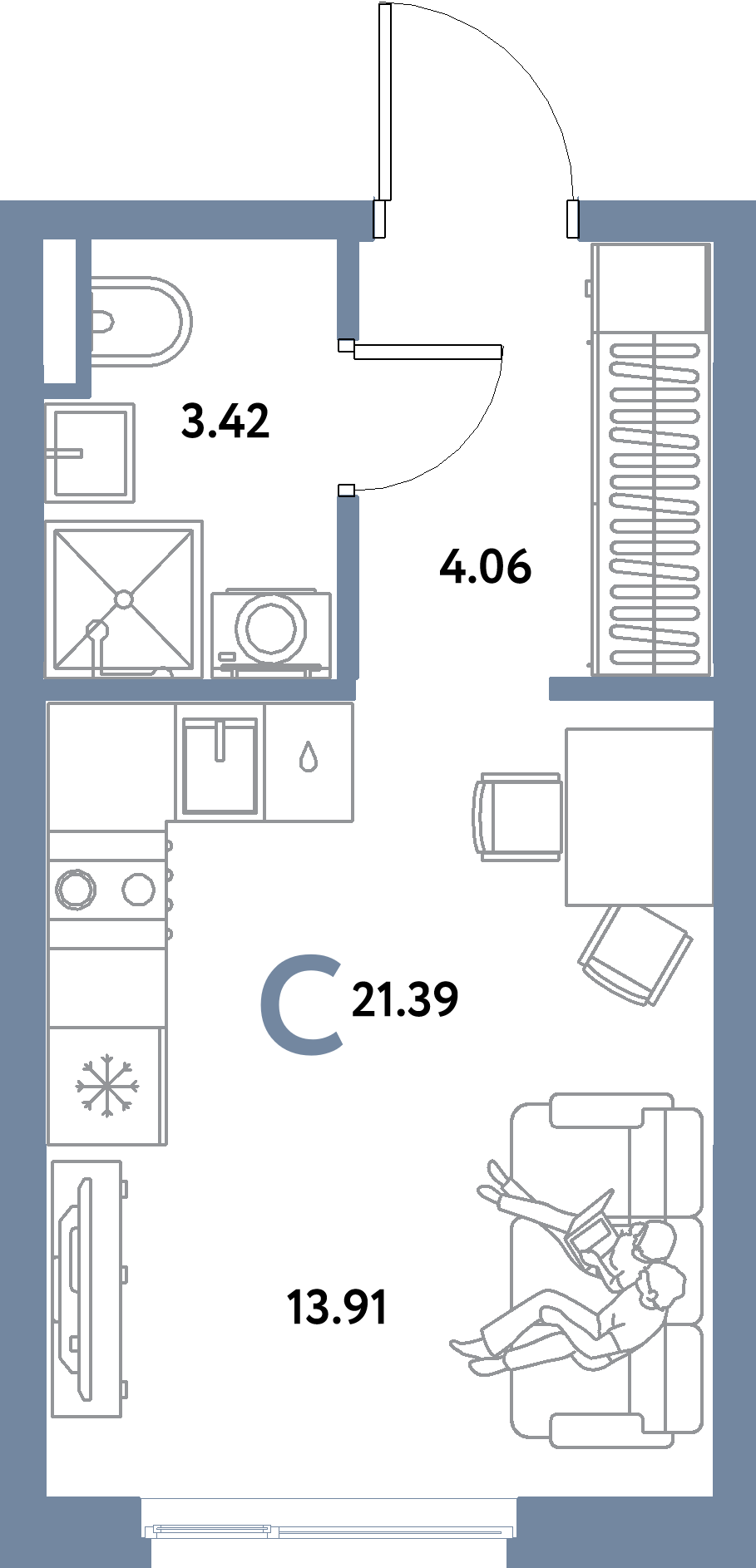 Планировка: Студия 21,39 м² в ЖК «Остров-сад»