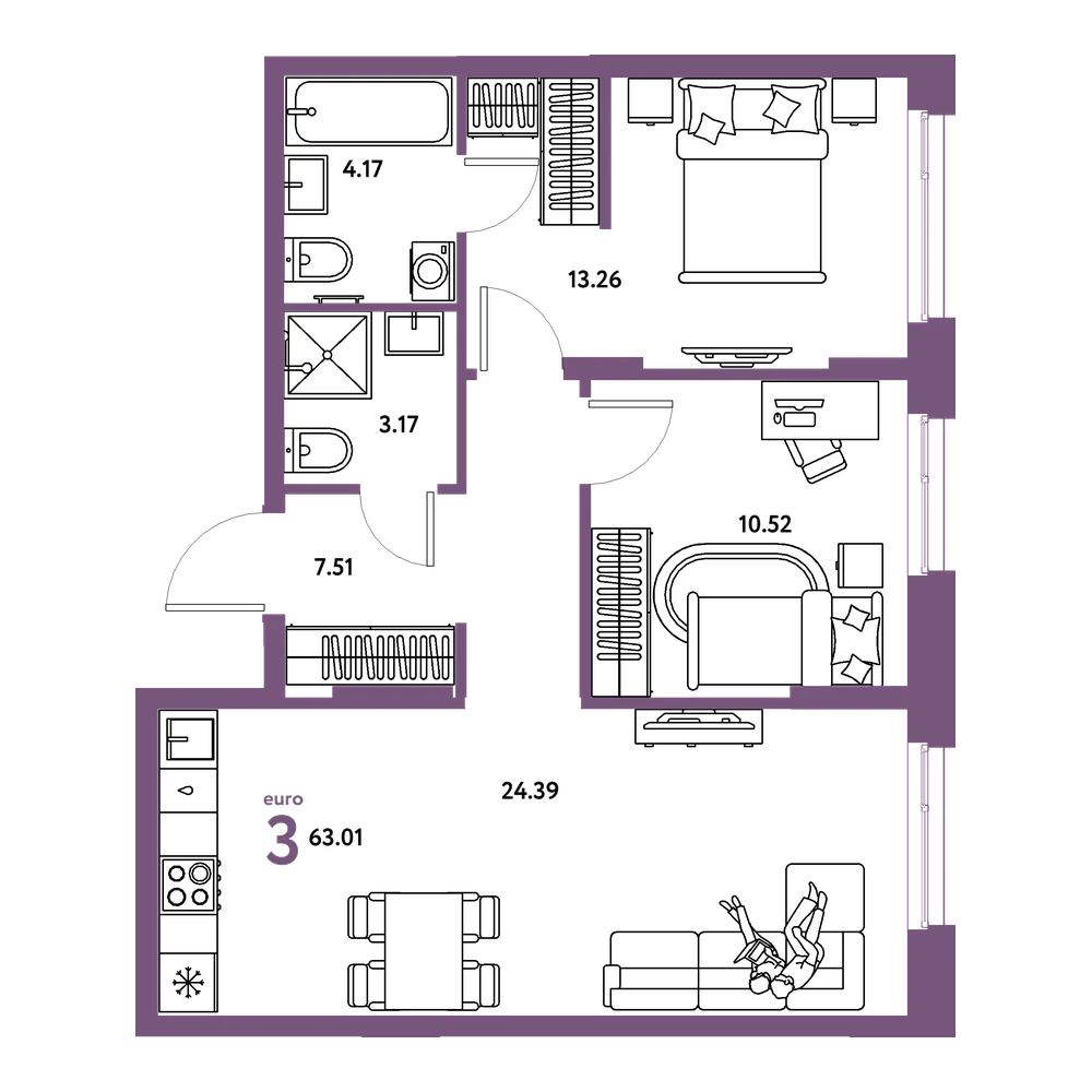 Планировка: Евротрёшка 63,01 м²