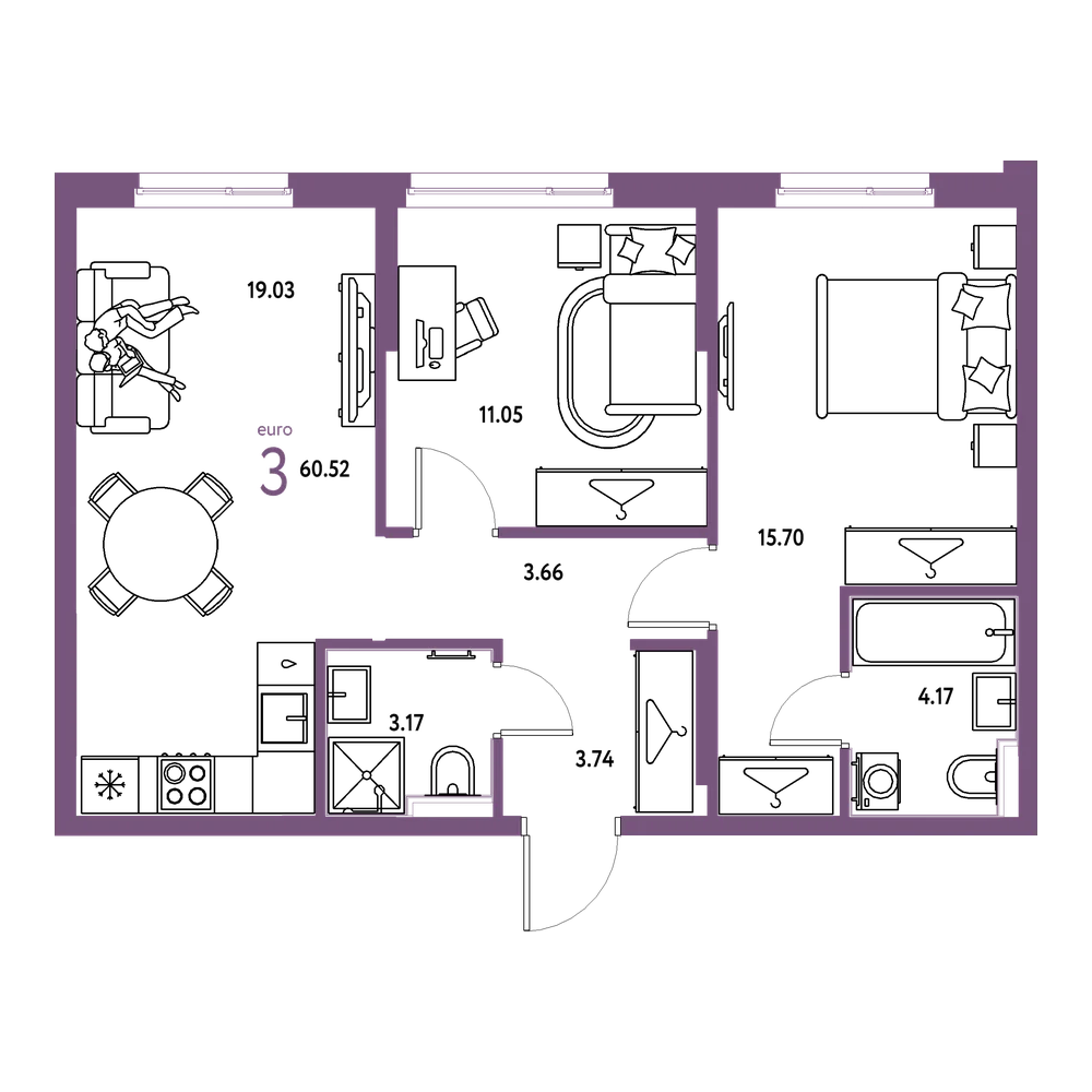 Планировка: Евротрёшка 60,52 м²