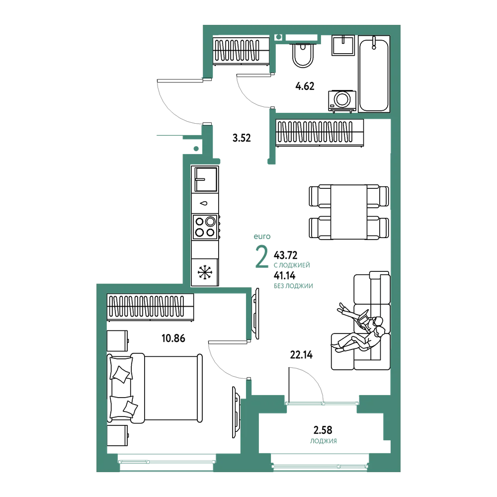Планировка: Евродвушка 43,72 м²