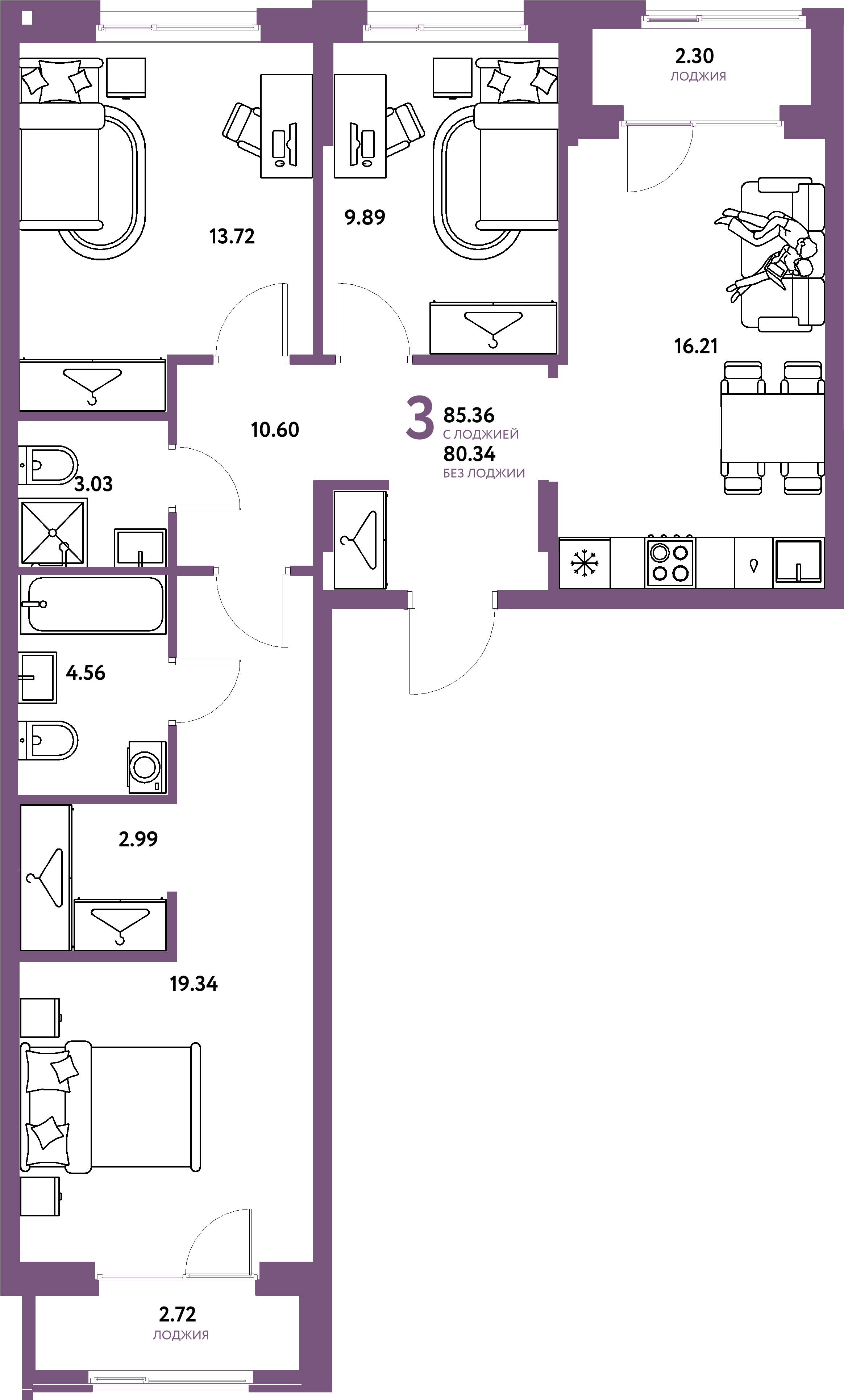 Планировка: 3-комнатная 85,36 м² в ЖК «Европейский берег 2.0»
