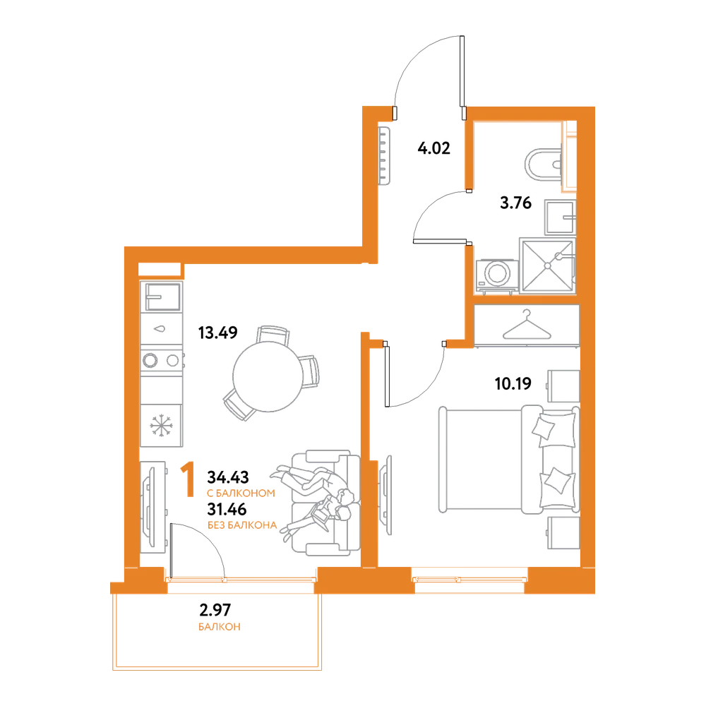 Планировка: 1-комнатная 34,43 м²
