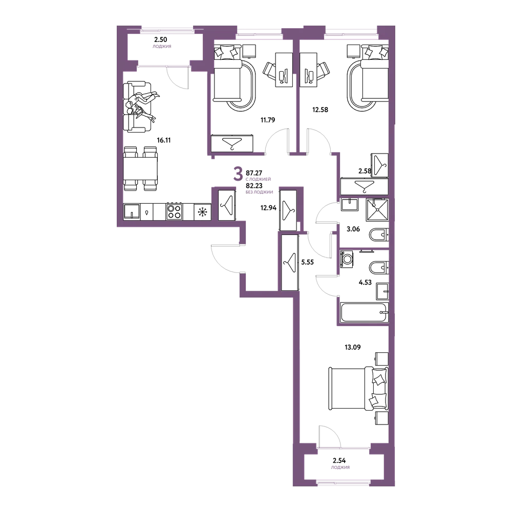 Планировка: 3-комнатная 87,27 м²