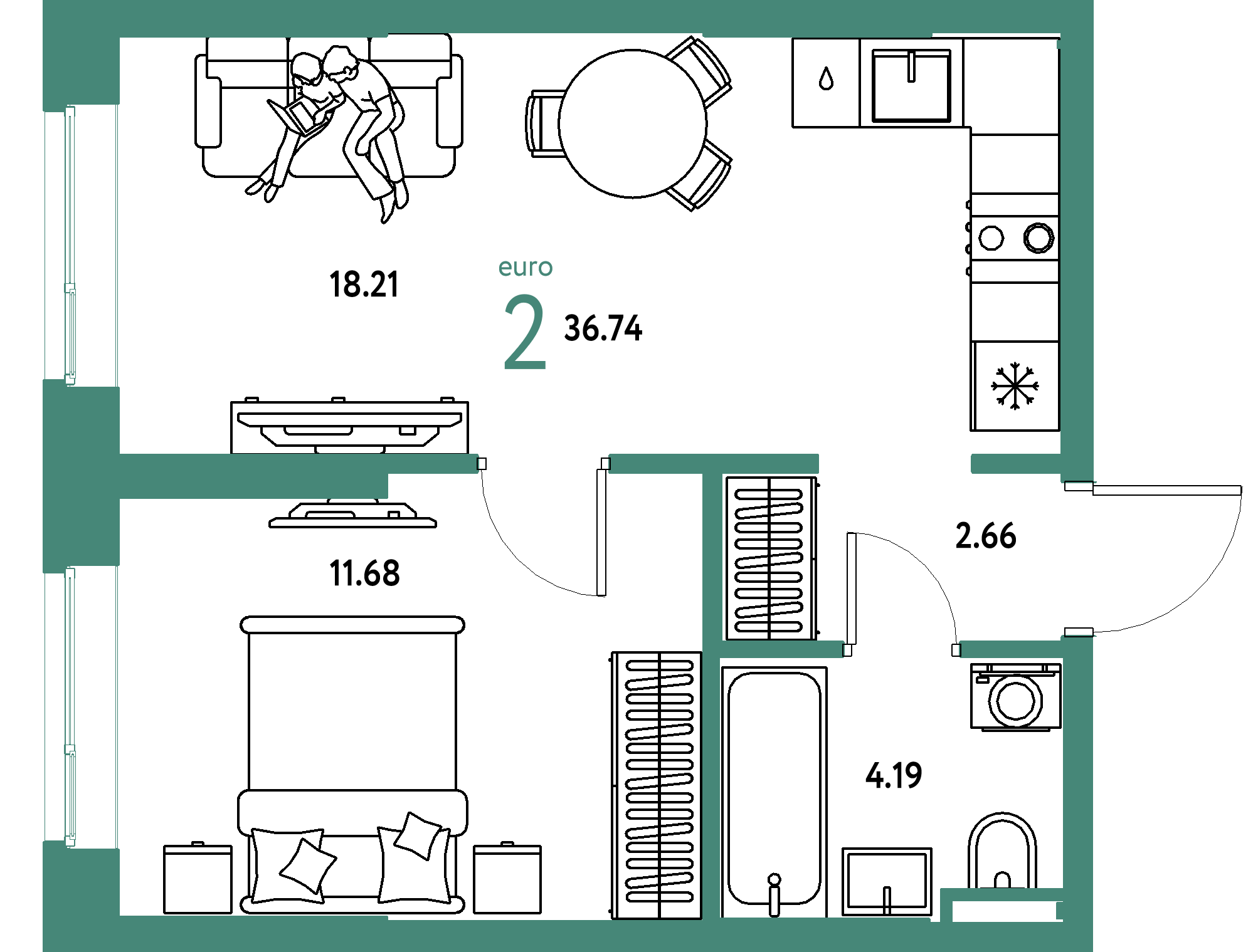 Планировка: Евродвушка 36,74 м² в ЖК «Остров-сад»