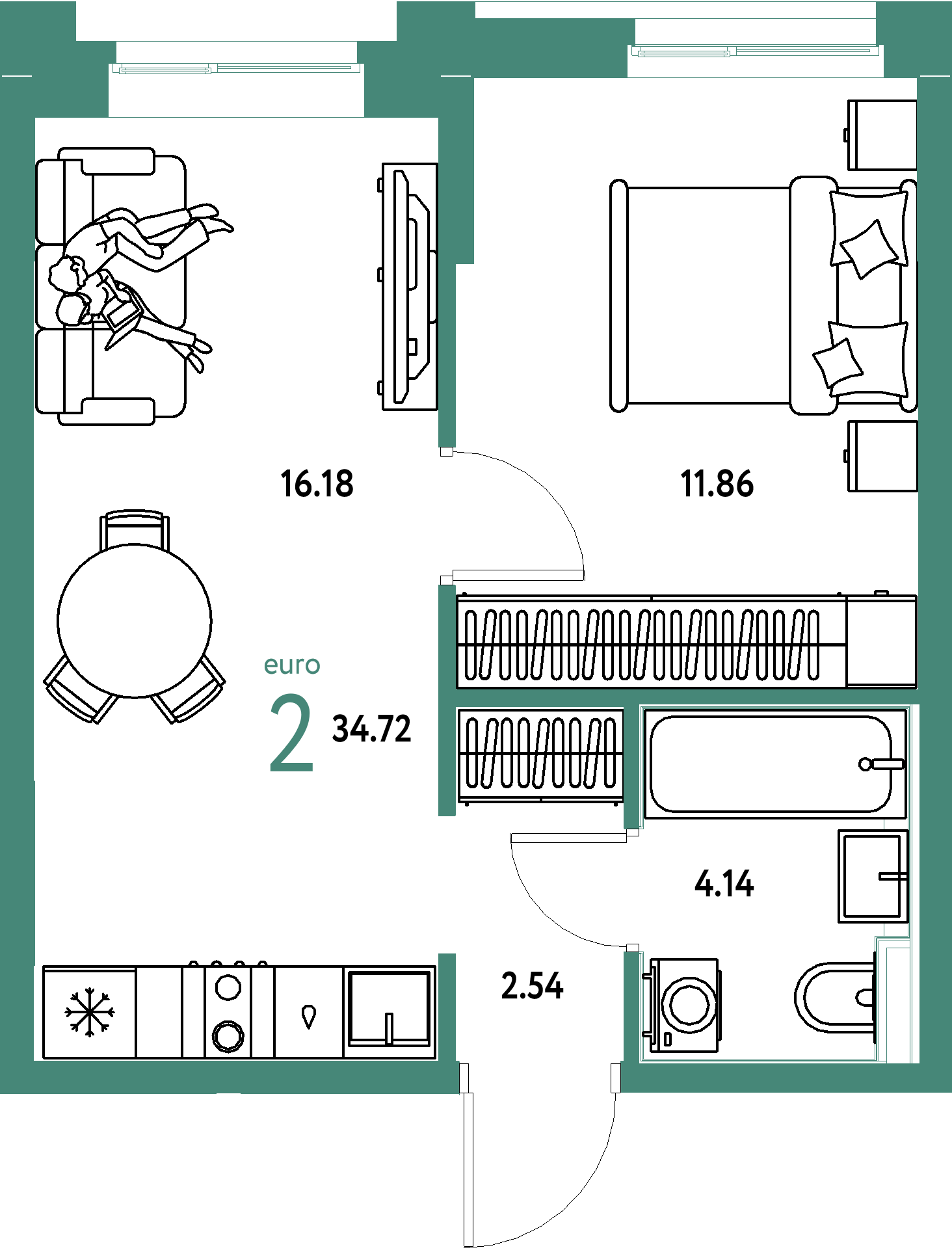 Планировка: Евродвушка 34,72 м² в ЖК «Домашний»