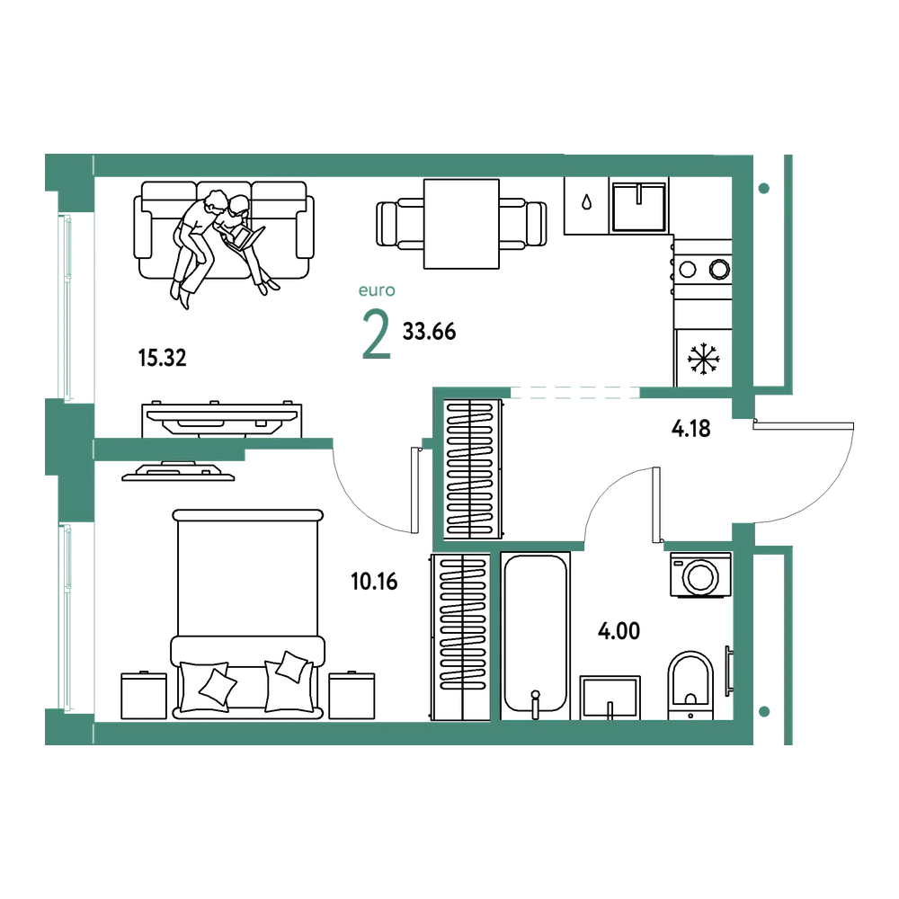 Планировка: Евродвушка 33,66 м²