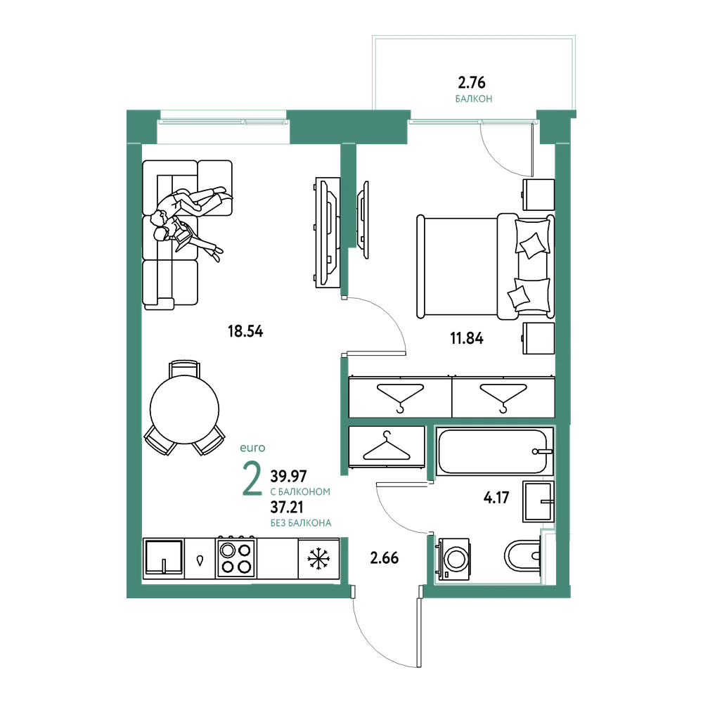 Планировка: Евродвушка 39,97 м²