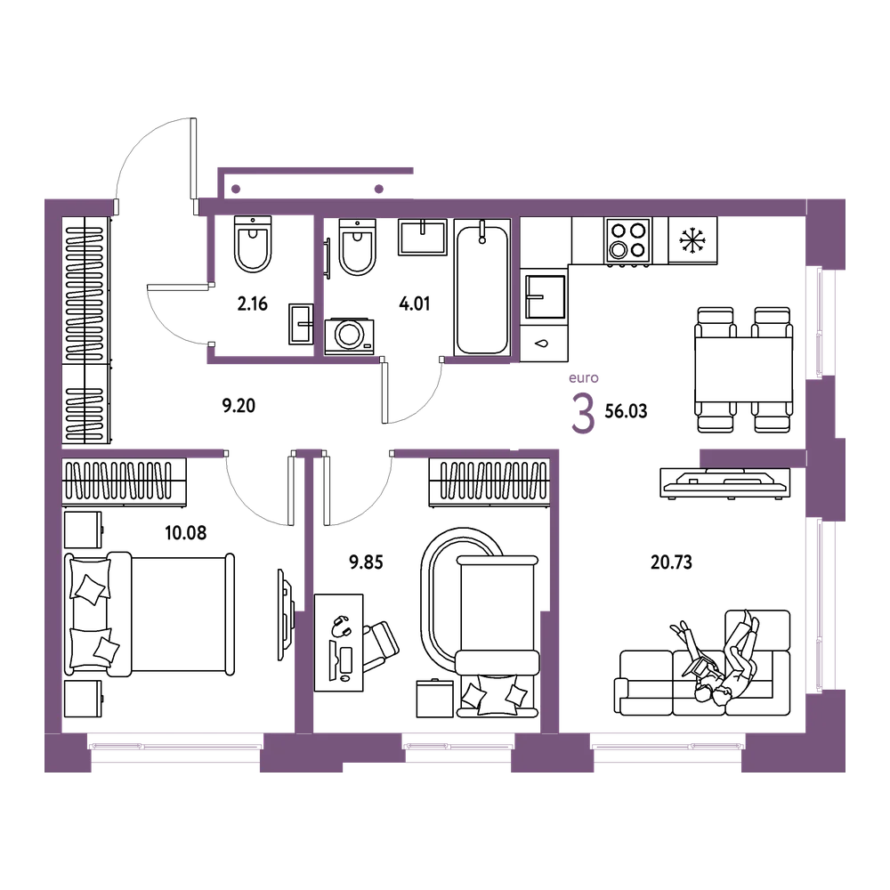Планировка: Евротрёшка 56,03 м²