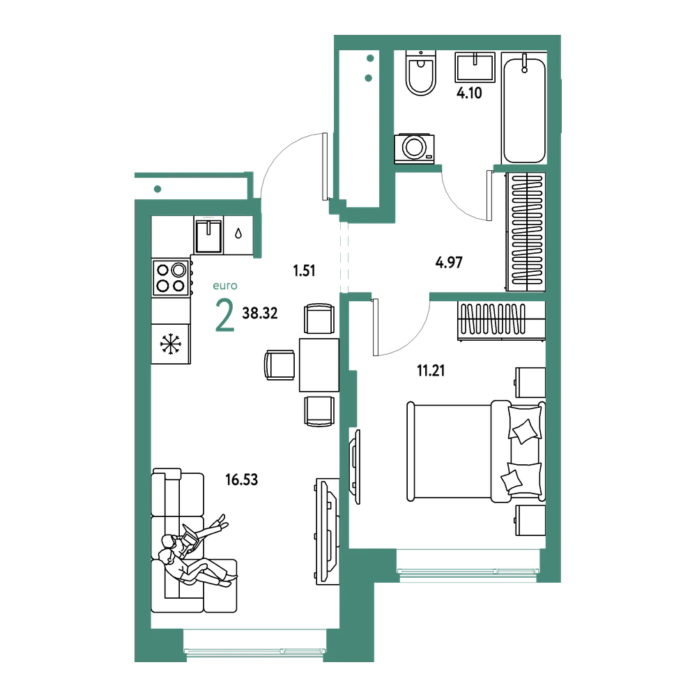 Планировка: Евродвушка 38,32 м²