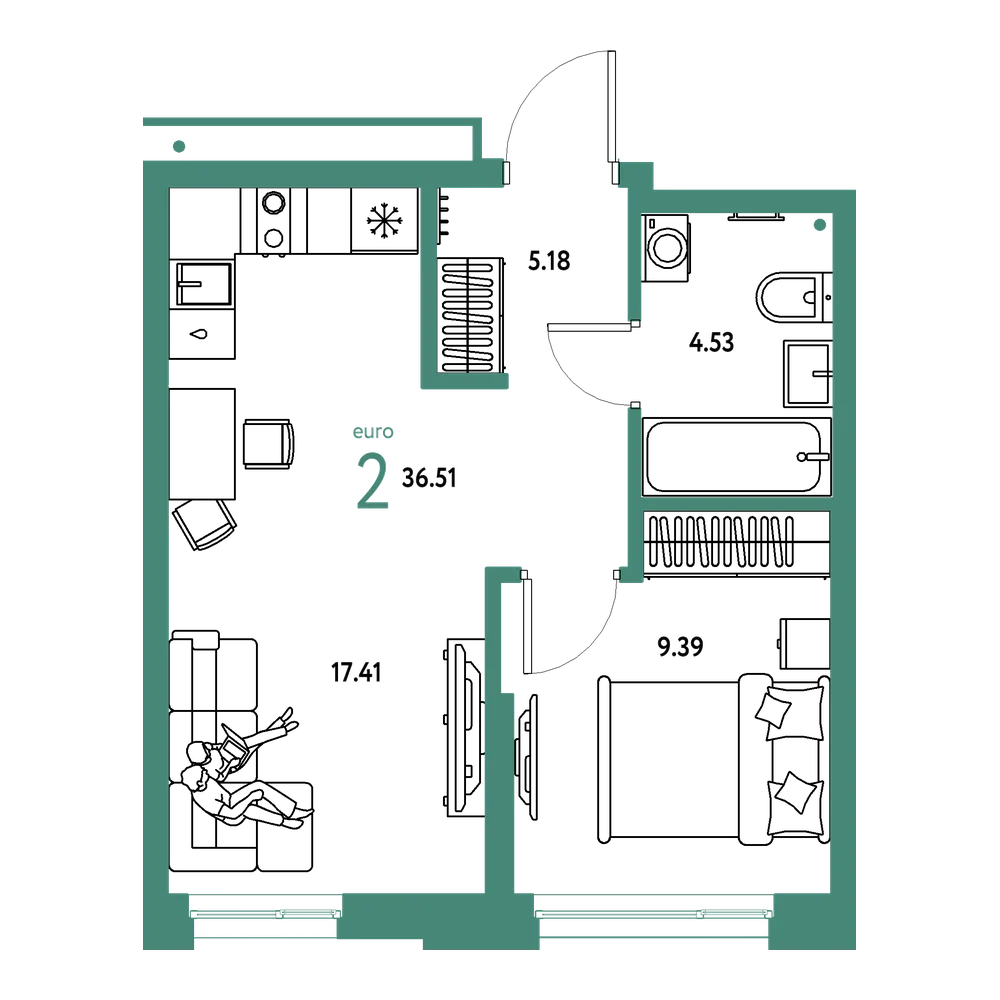 Планировка: Евродвушка 36,51 м²