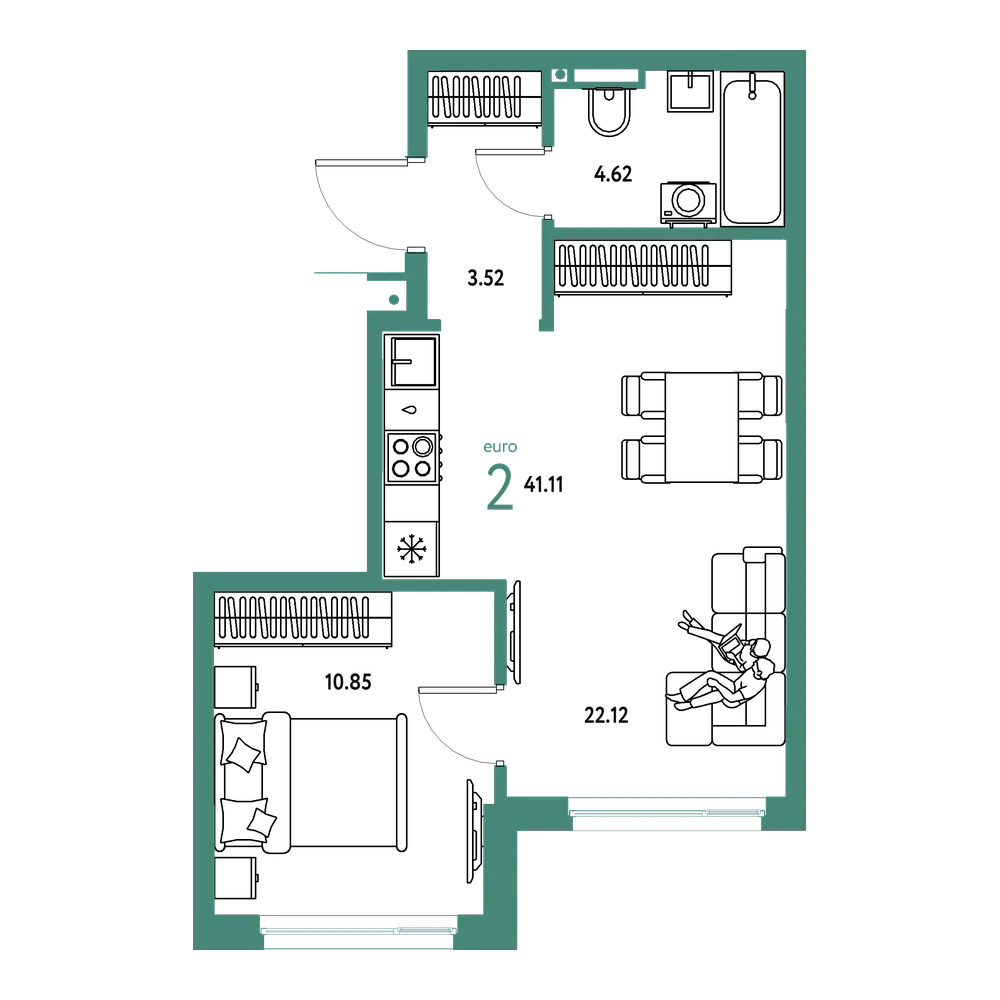 Планировка: Евродвушка 41,11 м²