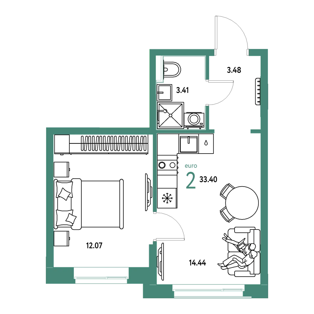 Планировка: Евродвушка 33,4 м²