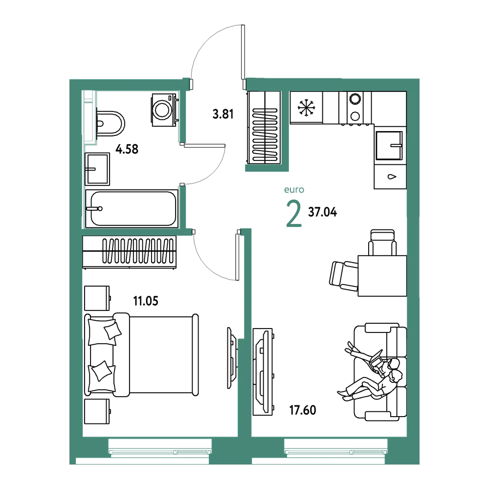 Планировка: Евродвушка 37,04 м²