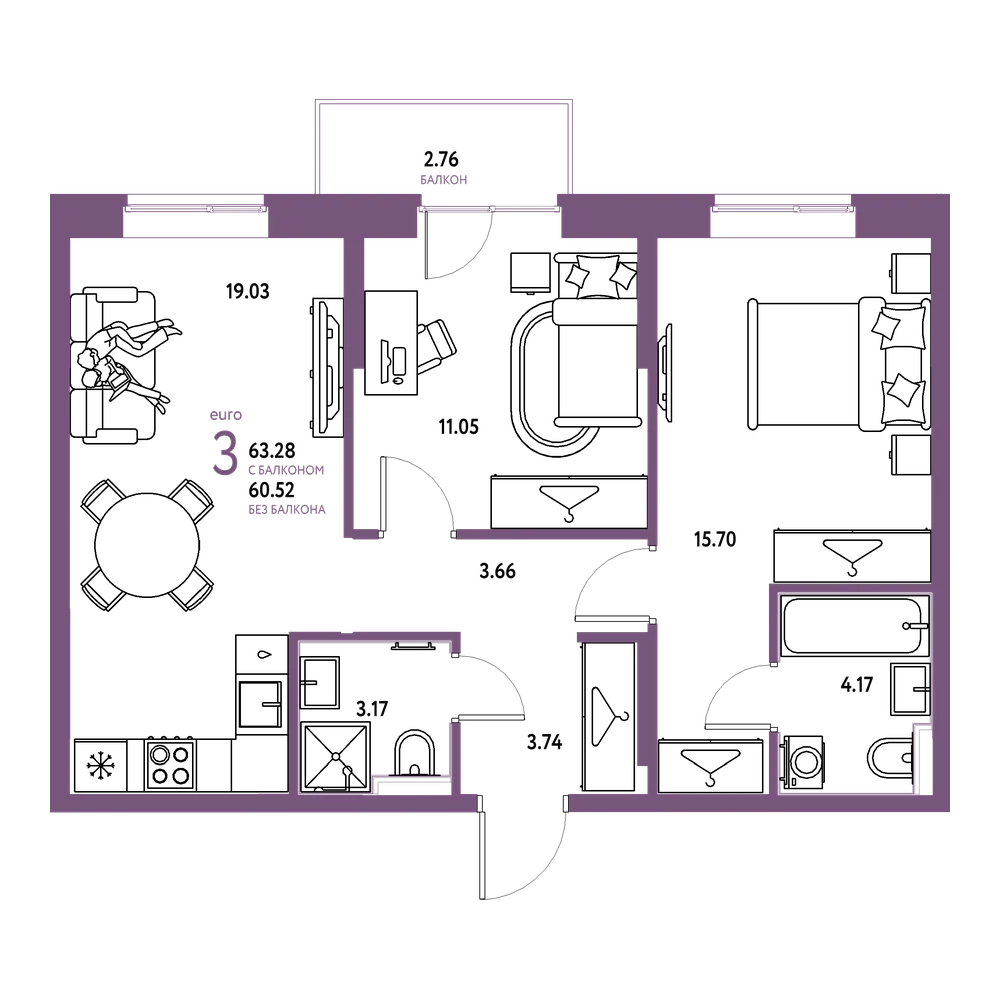 Планировка: Евротрёшка 63,28 м²