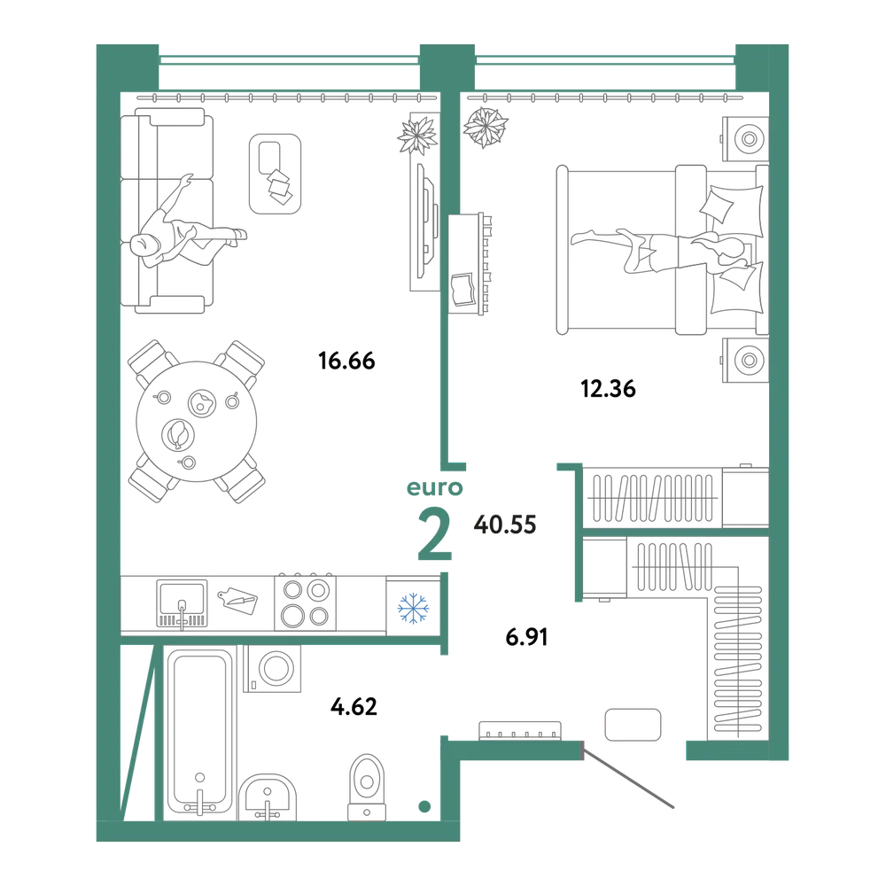 Планировка: Евродвушка 40,55 м²