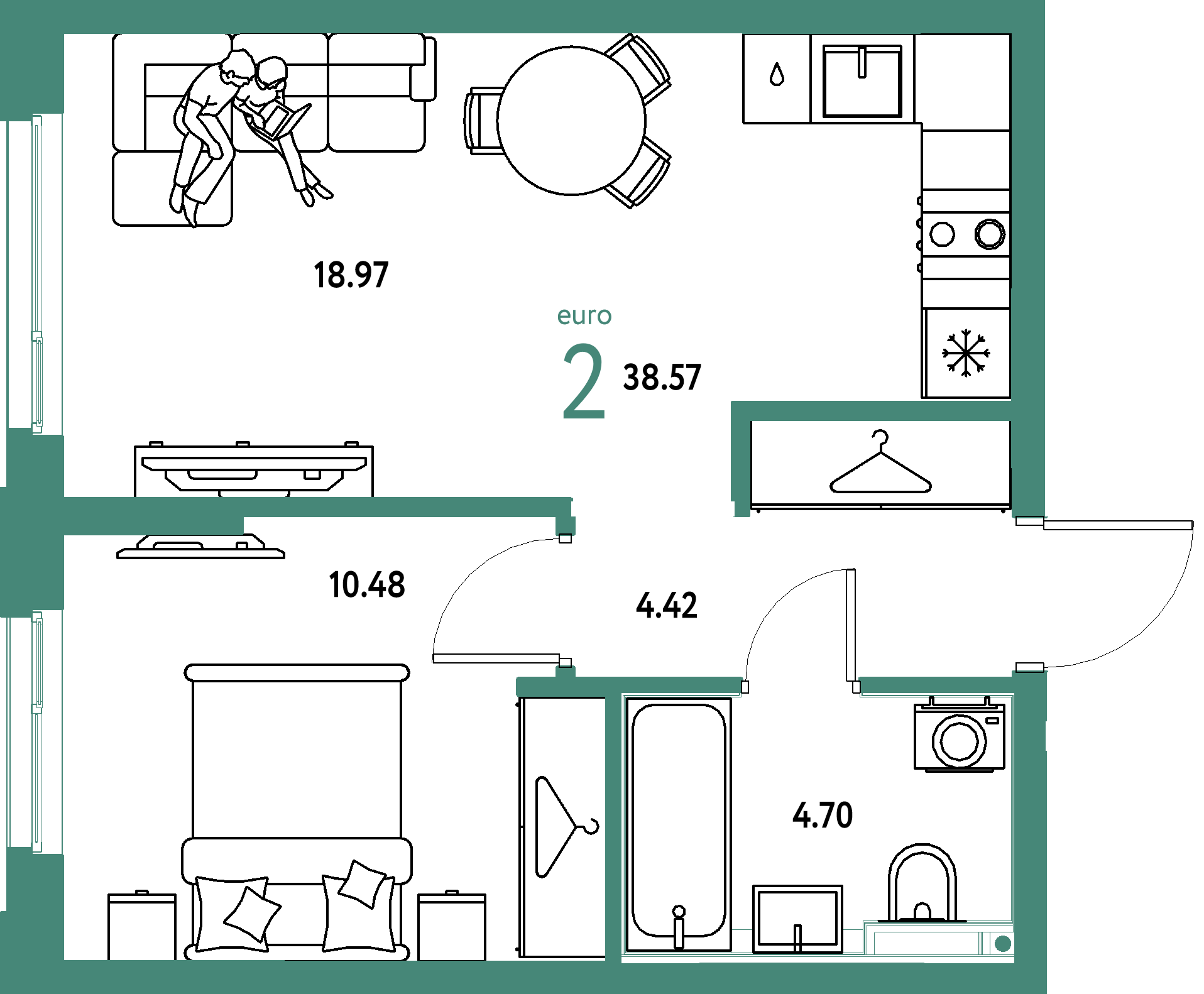 Планировка: Евродвушка 38,57 м² в ЖК «Страна.Прибрежная»