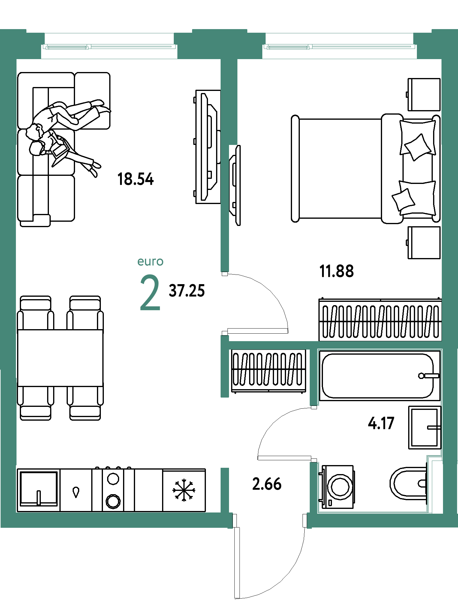 Планировка: Евродвушка 37,25 м² в ЖК «Сердце Сибири»