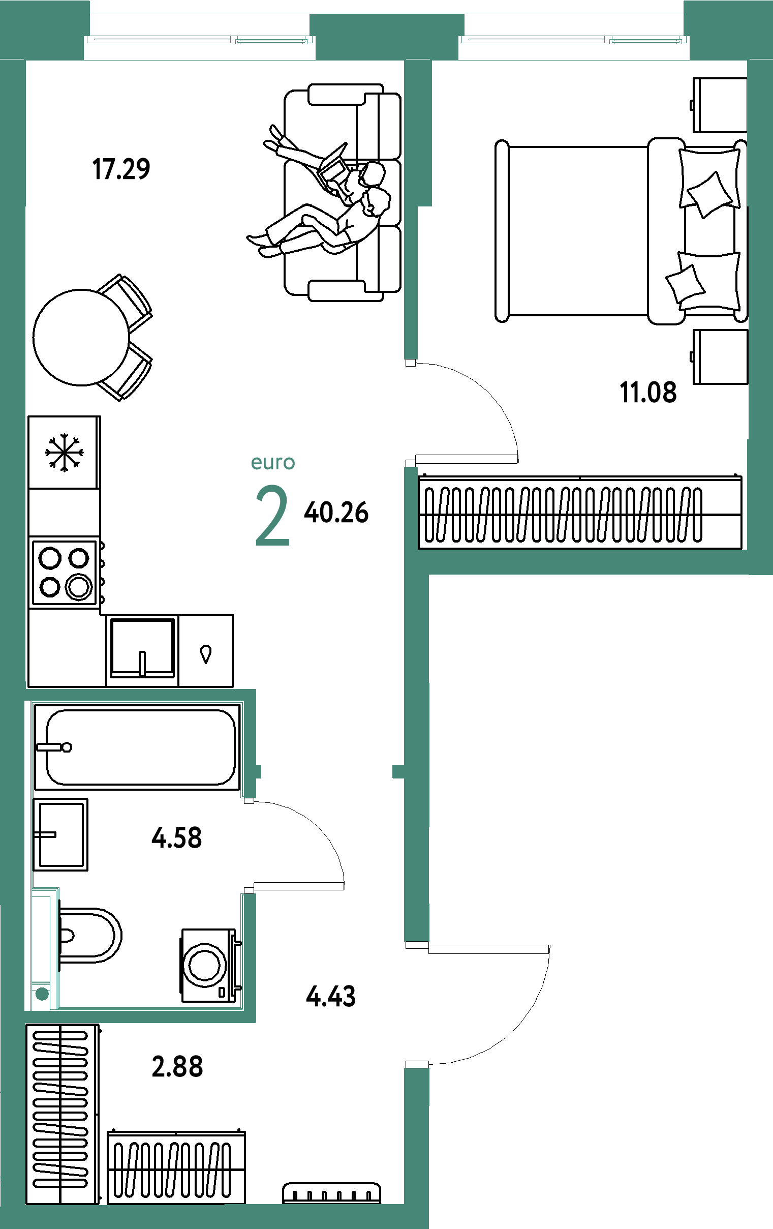 Планировка: Евродвушка 40,26 м² в ЖК «Домашний»