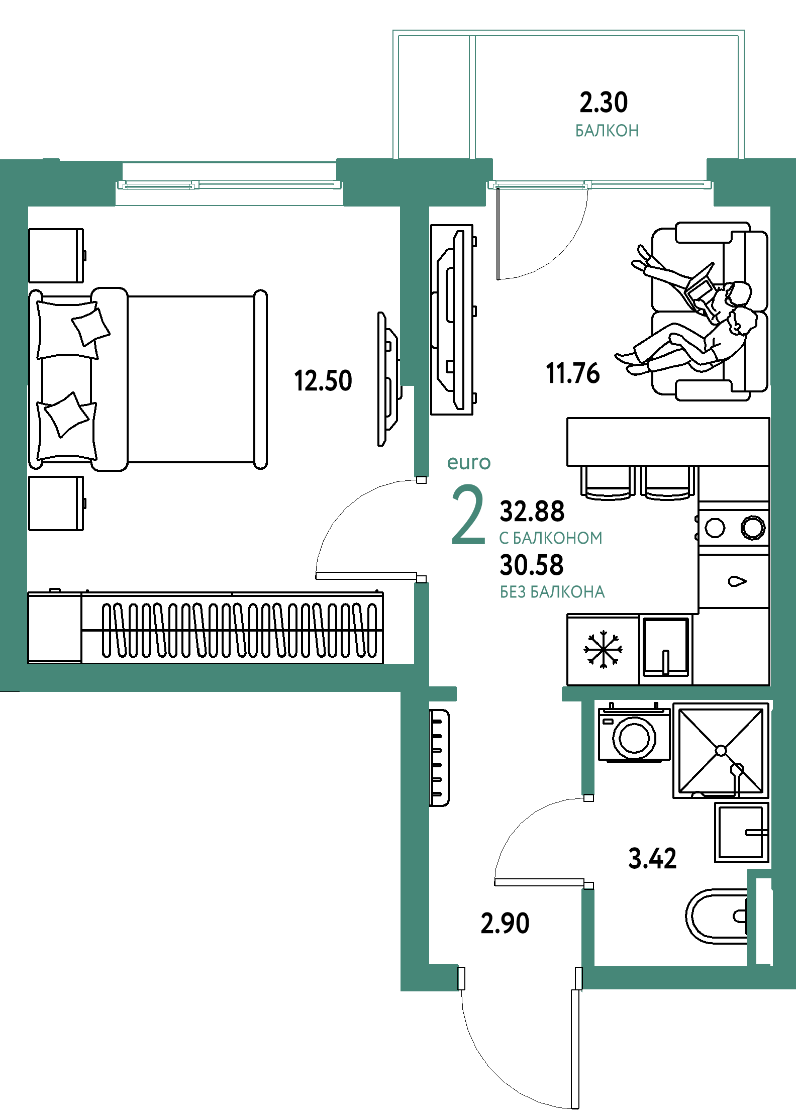 Планировка: Евродвушка 32,88 м² в ЖК «Остров-сад»