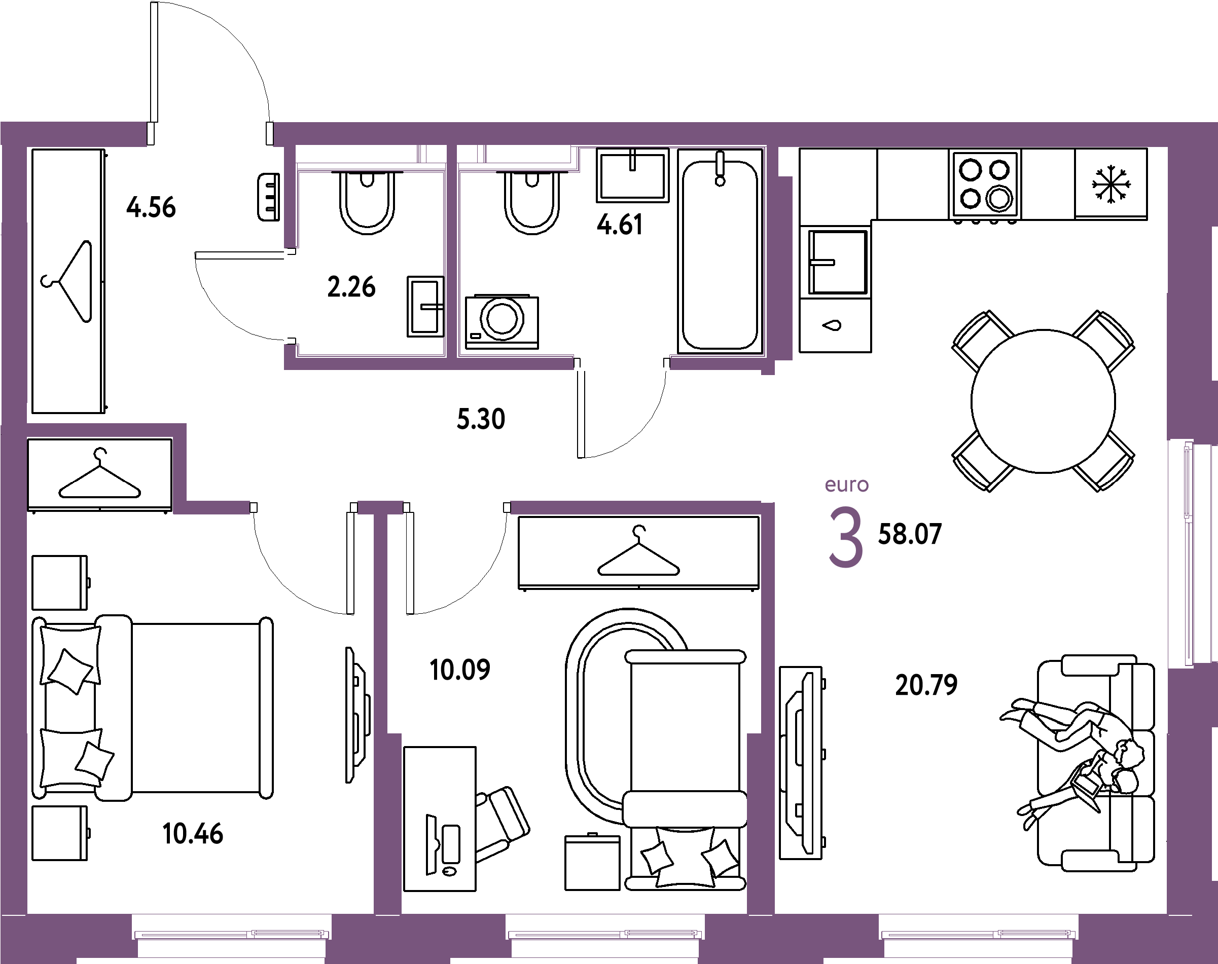 Планировка: Евротрёшка 58,07 м² в ЖК «Европейский берег 2.0»