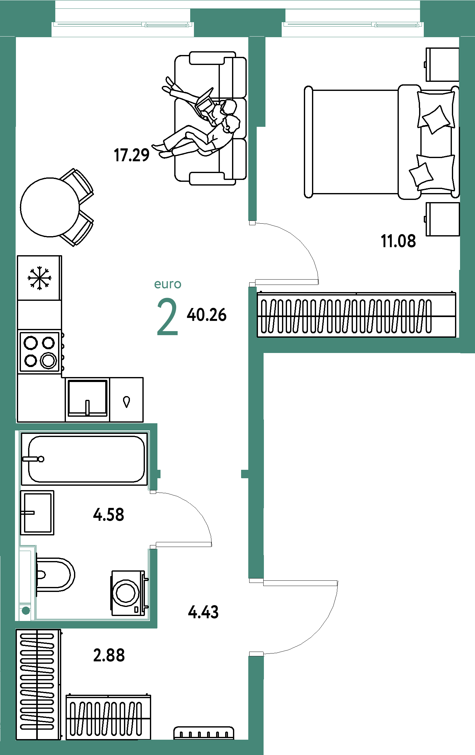 Планировка: Евродвушка 40,26 м² в ЖК «Домашний»
