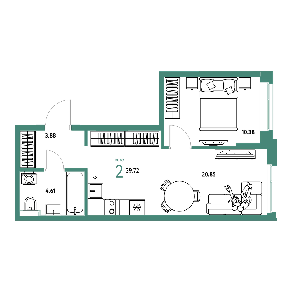 Планировка: Евродвушка 39,72 м²