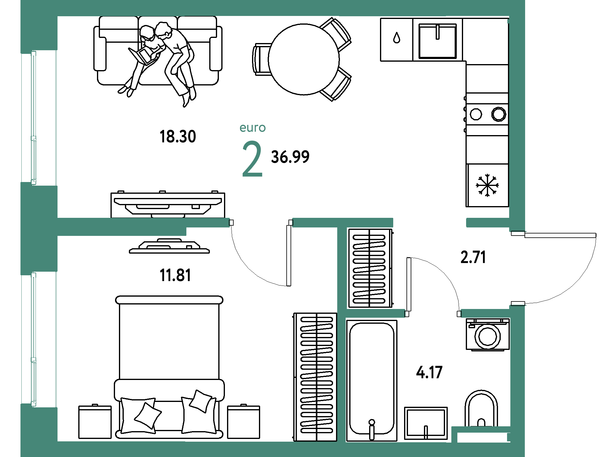 Планировка: Евродвушка 36,99 м² в ЖК «Остров-сад»