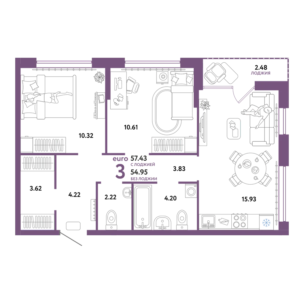 Планировка: Евротрёшка 57,52 м²