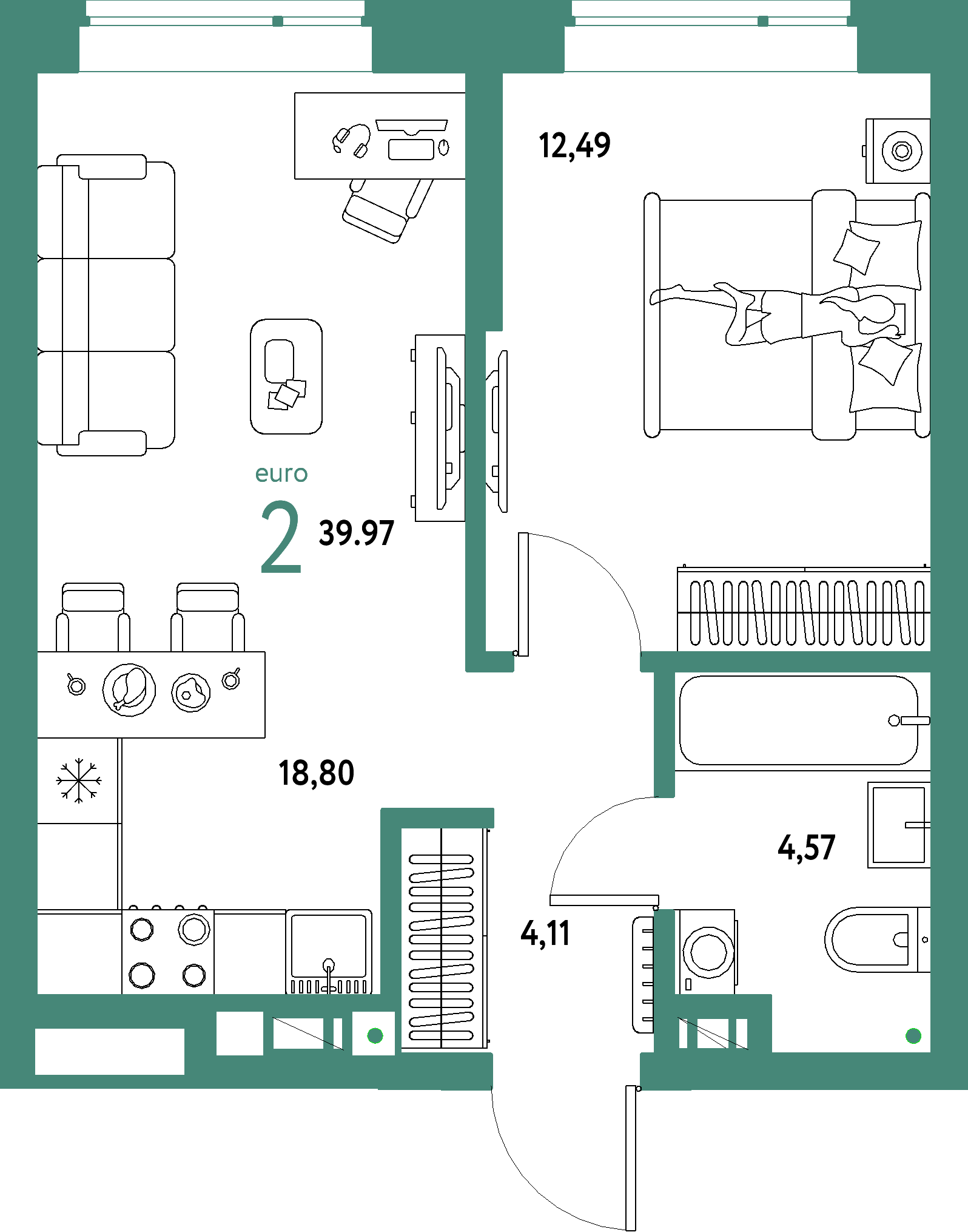 Планировка: Евродвушка 39,97 м² в ЖК «Авторский»