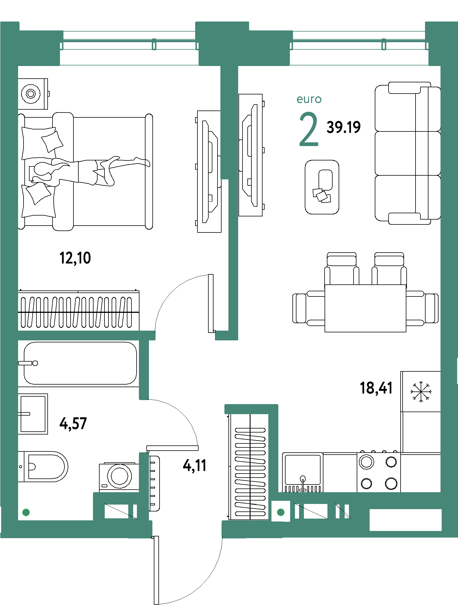 Планировка: Евродвушка 39,19 м² в ЖК «Авторский»