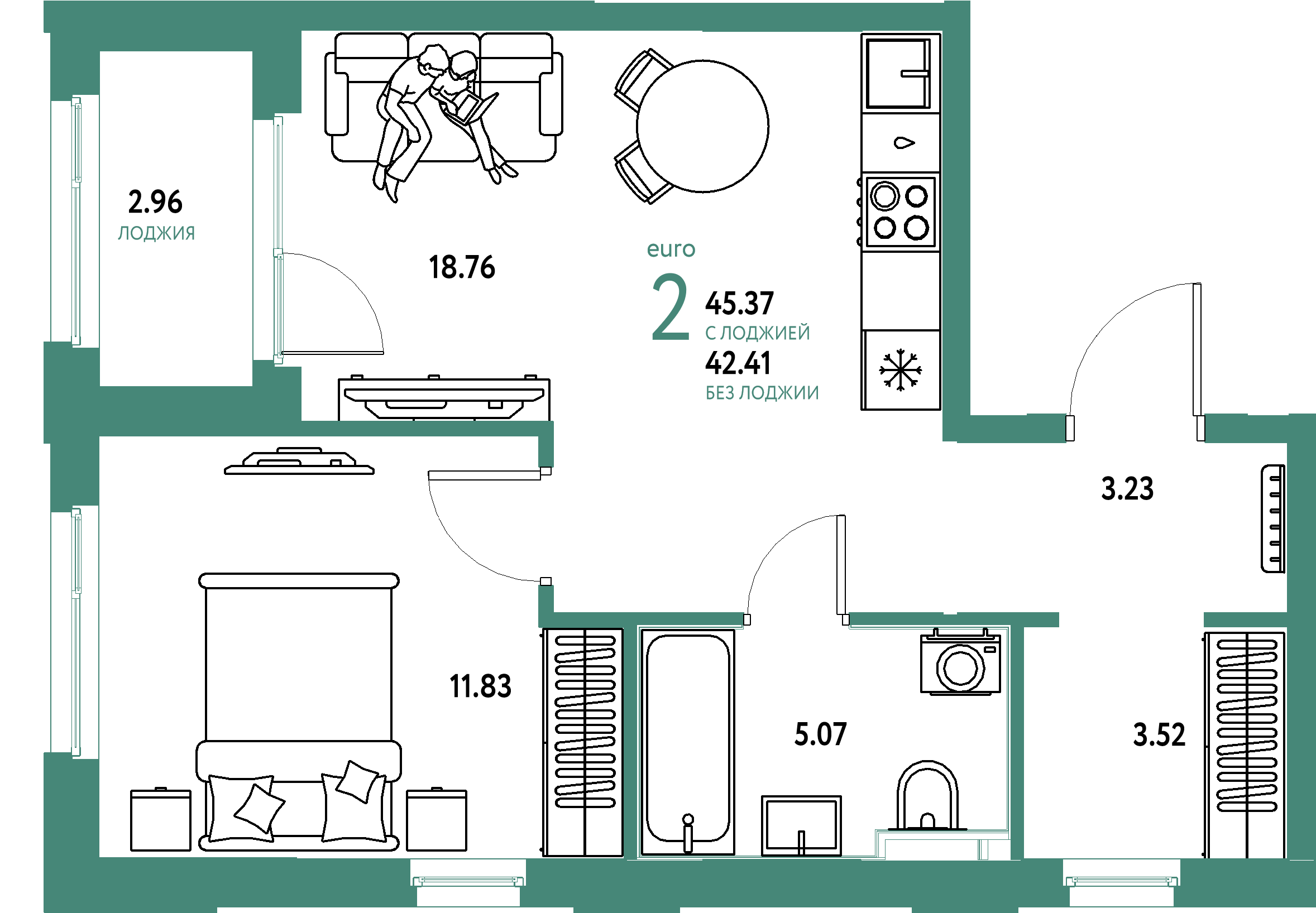 Планировка: Евродвушка 45,37 м² в ЖК «Сердце Сибири»